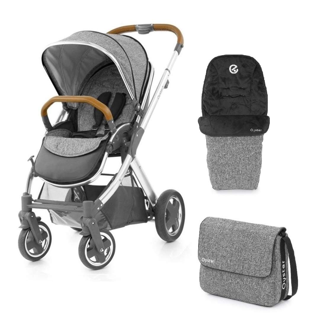 Oyster 2 Pushchair (Mirror Tan Handle) With Wolf Grey Colour Pack Bag and Footmuff