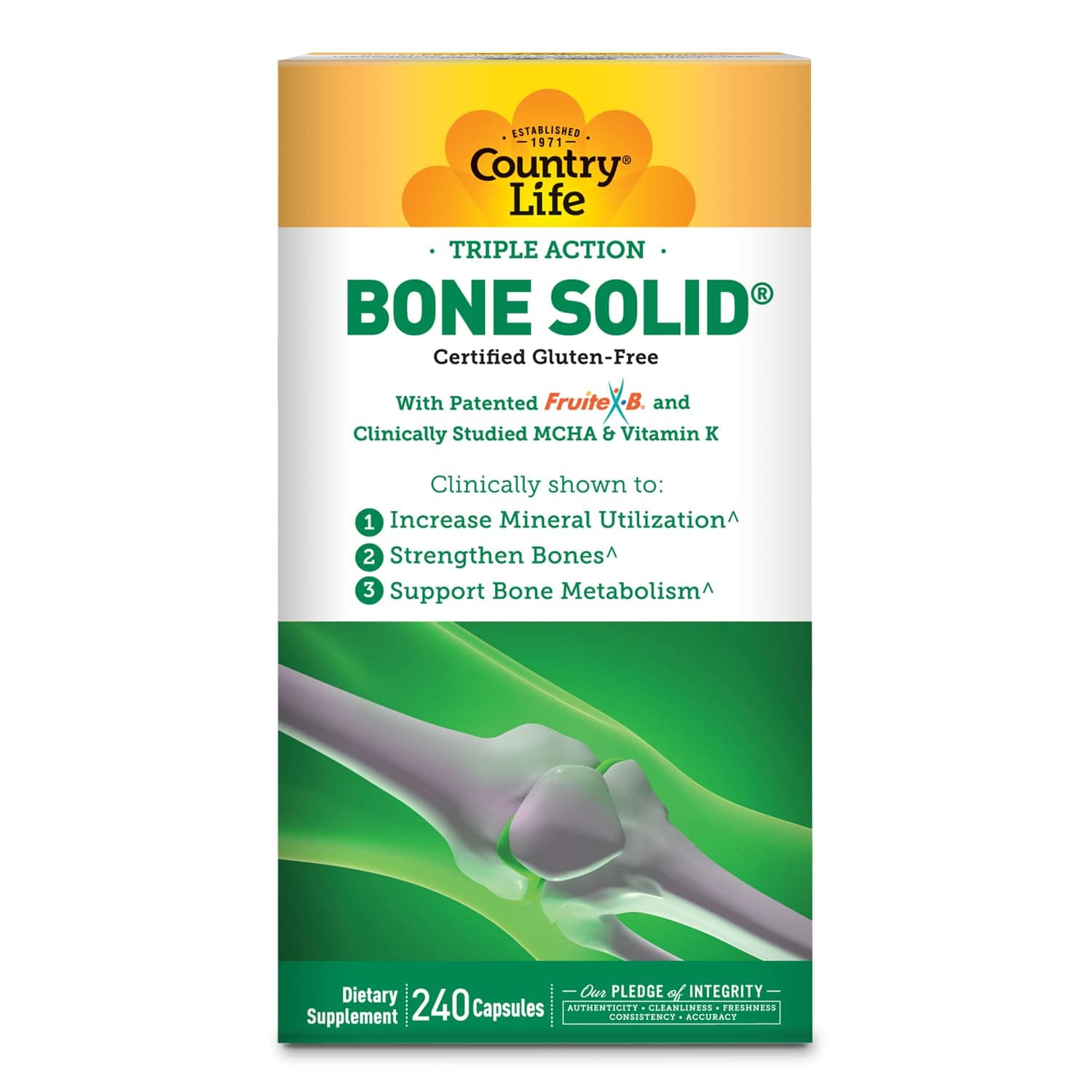 Country Life Bone Solid - Bone Health Supplement with Microcrystalline Hydroxyapatite (MCHA), Calcium, Magnesium, Zinc, Vitamins K2 & D3 for Enhanced Bone Strength & Metabolism - 240 Capsules