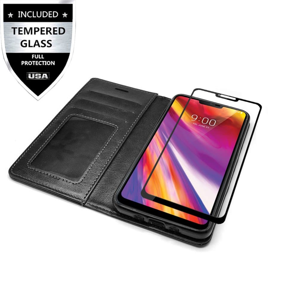 LG G7 ThinQ Case with Tempered Glass Screen Protector,IDEA LINE INC Black Wallet Leather Case Fancy Diary Premium Color Pouch ID Credit Card Cover Flip Folio Book Style with Money Slot