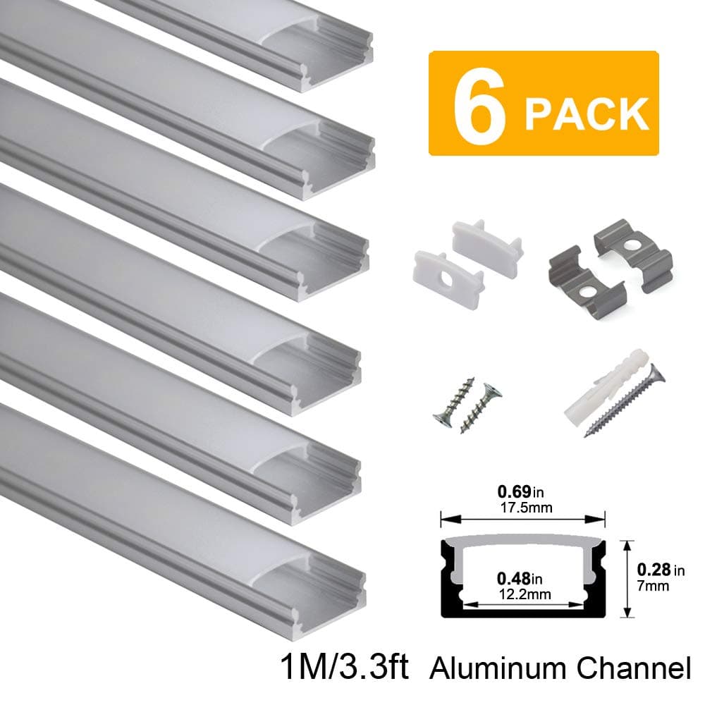 hunhun 6-Pack 3.3ft/1Meter U Shape LED Aluminum Channel System with Milky Cover, End Caps and Mounting Clips, Aluminum Profile for LED Strip Light Installations, Very Easy Installation