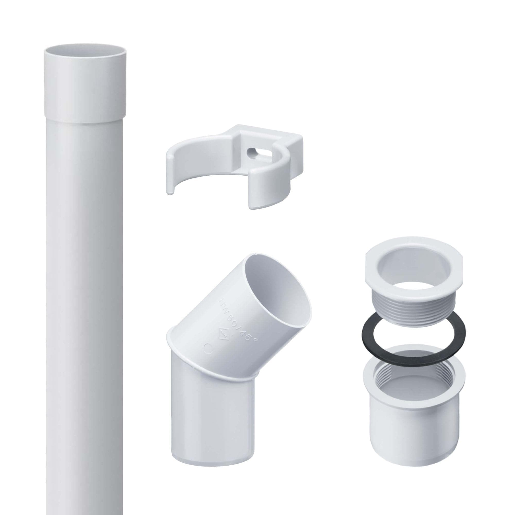Inefadownpipe Set 50mm, PVC 2m White Gutter Accessories, Simple Push-fit Installation, Made in Germany
