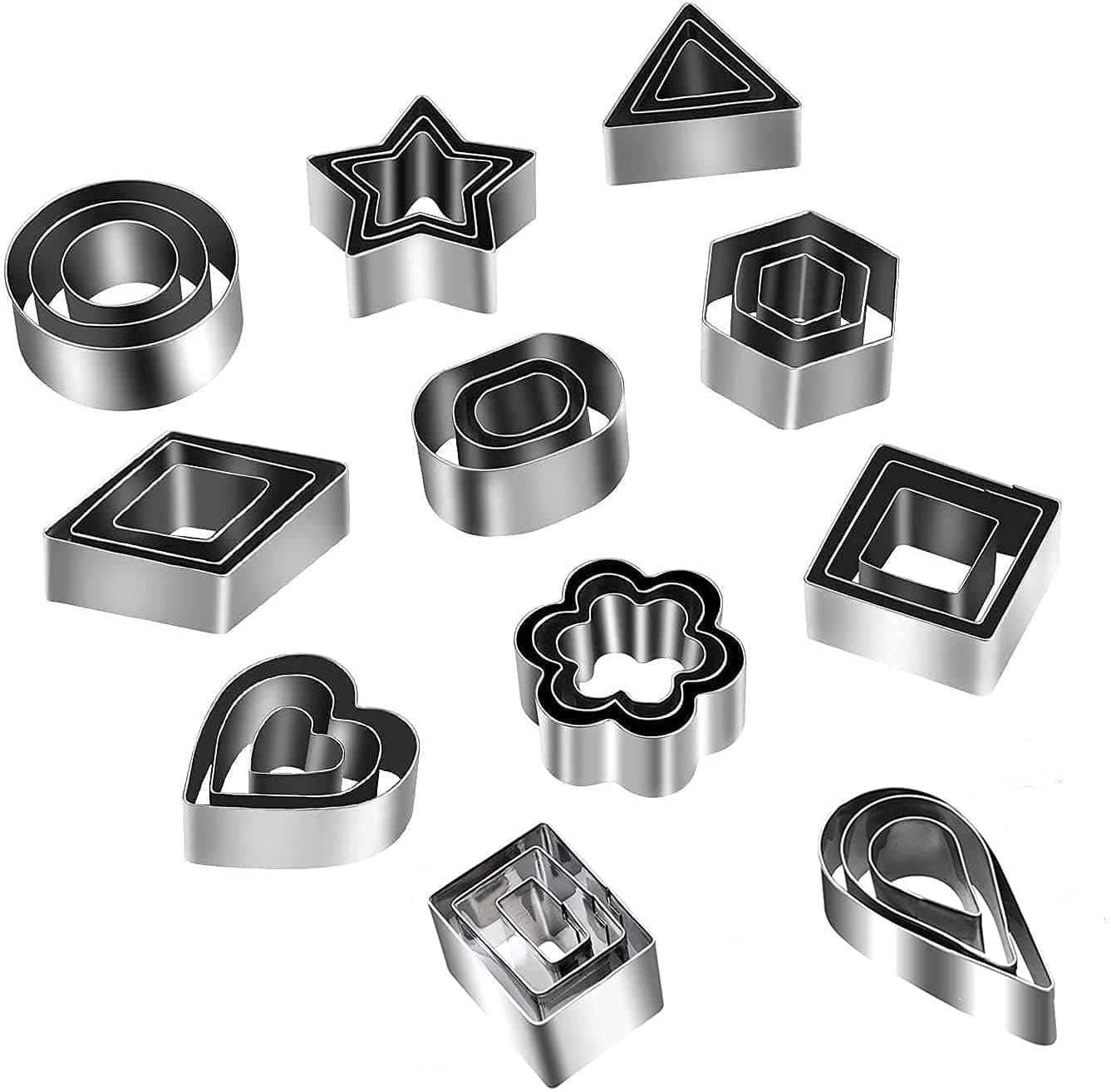 Aoktech 33 Pcs Medium Cookie Cutters, Geometric Shapes Metal Cookie Biscuit Cutter Set, Star Flower Hexagon Heart Oval Stainless Steel Cutter for Baking Out Pastry Dough, Pie Crust & Fruit, Fondant
