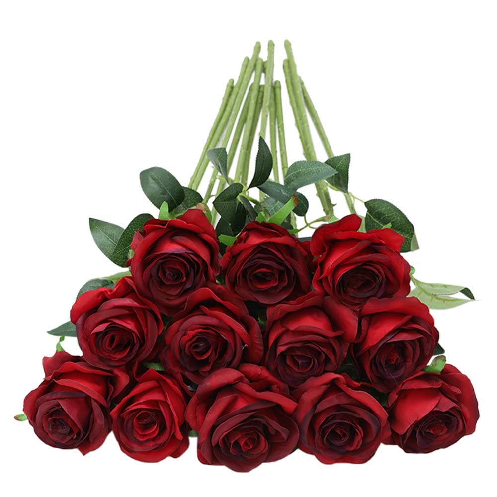 Tifuly 12 PCS Artificial Roses, 19.68'' Single Long Stem Fake Rose Silk Bridal Wedding Bouquet Realistic Flower for Home Garden Party Hotel Office Decor(Blossom Roses,Burgundy)