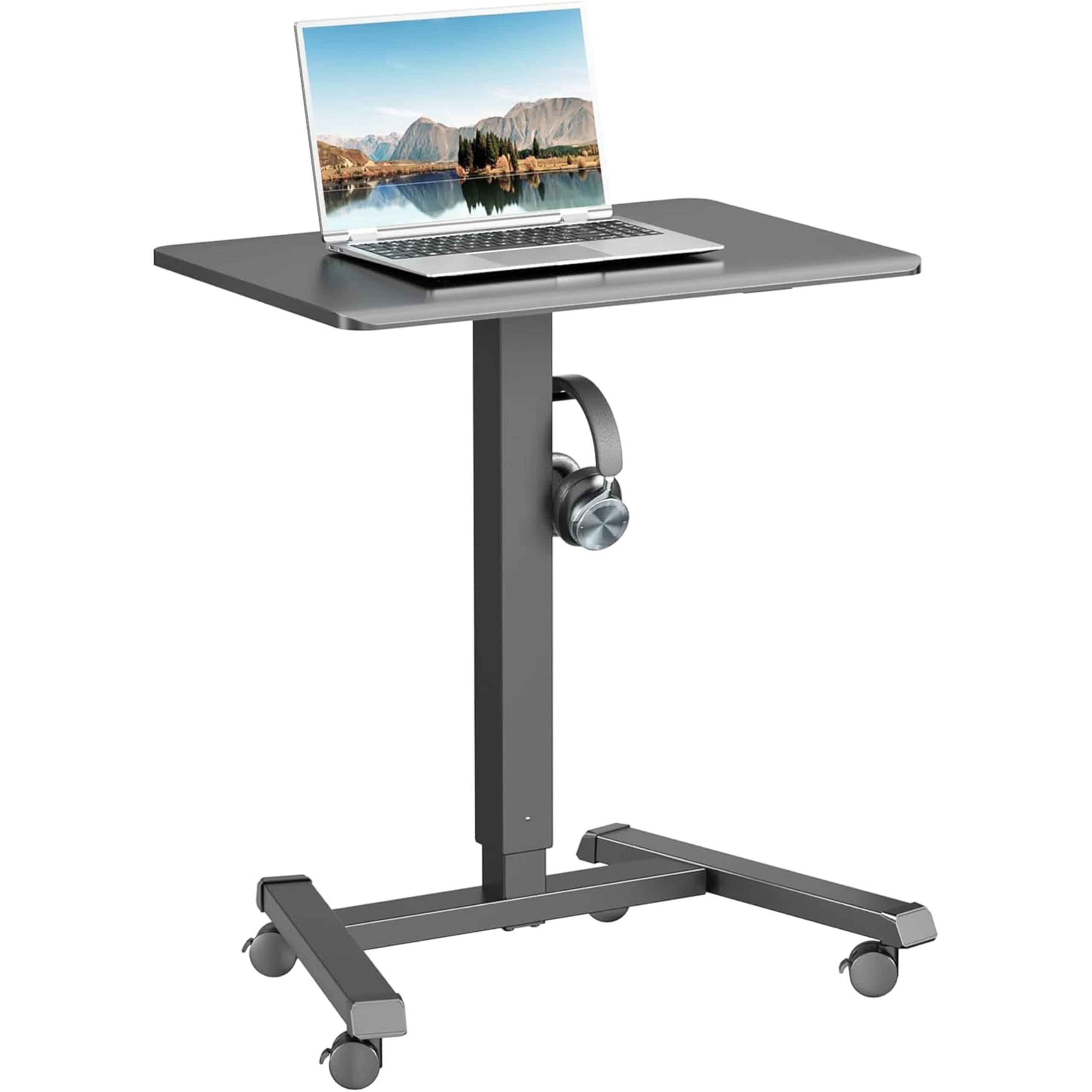 ERGOMAKER 65 x 45cm Mobile Standing Desk with 4 Rolling Castors, Small Standing Desk on Wheel, Height Adjustable with Hooks, Rolling Desk for Home, Office, Living Room (Black)