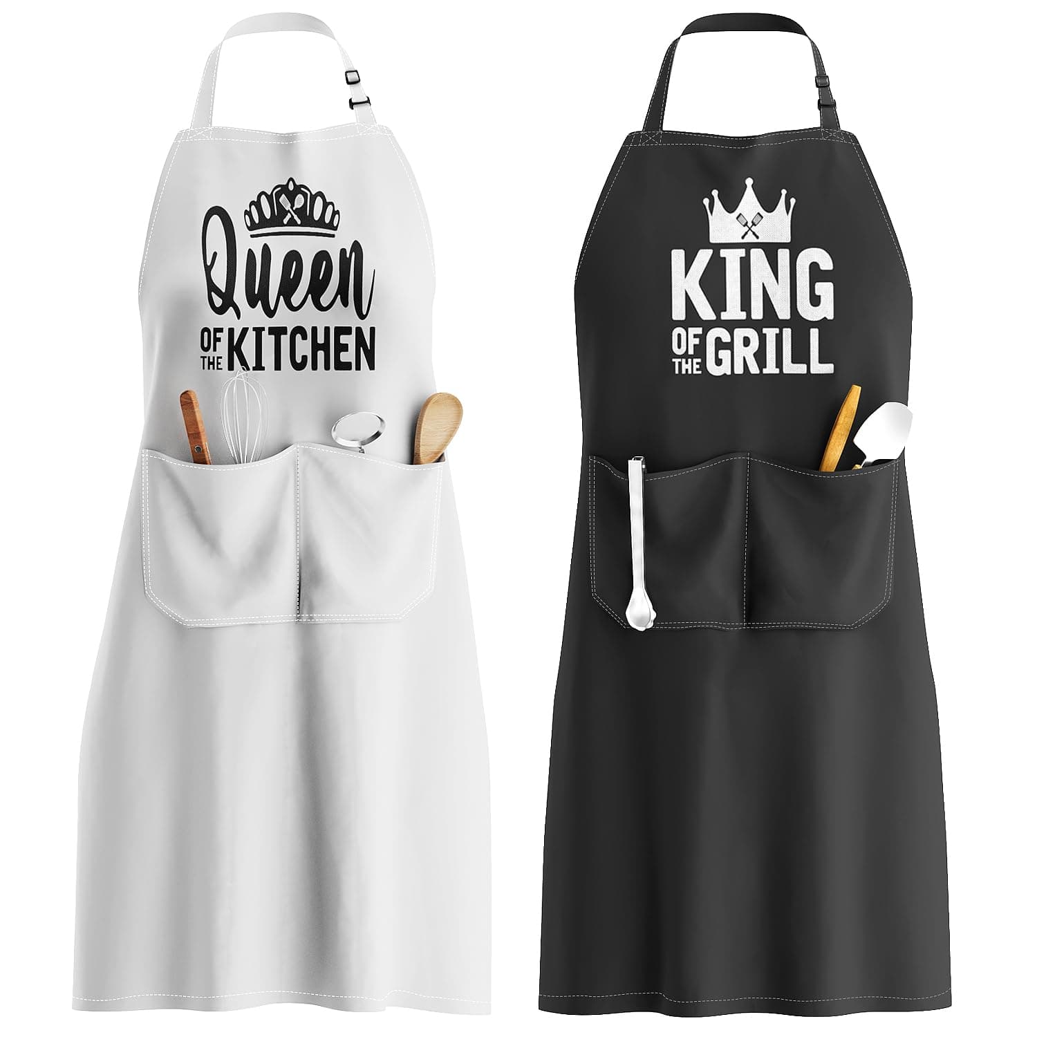 King & Queen Apron Set - Matching Couples Kitchen Aprons with Deep Pockets & Reinforced Stitching - Waterproof Professional Cooking Gear for Wedding, Engagement, Bridal Shower, Valentines, Christmas