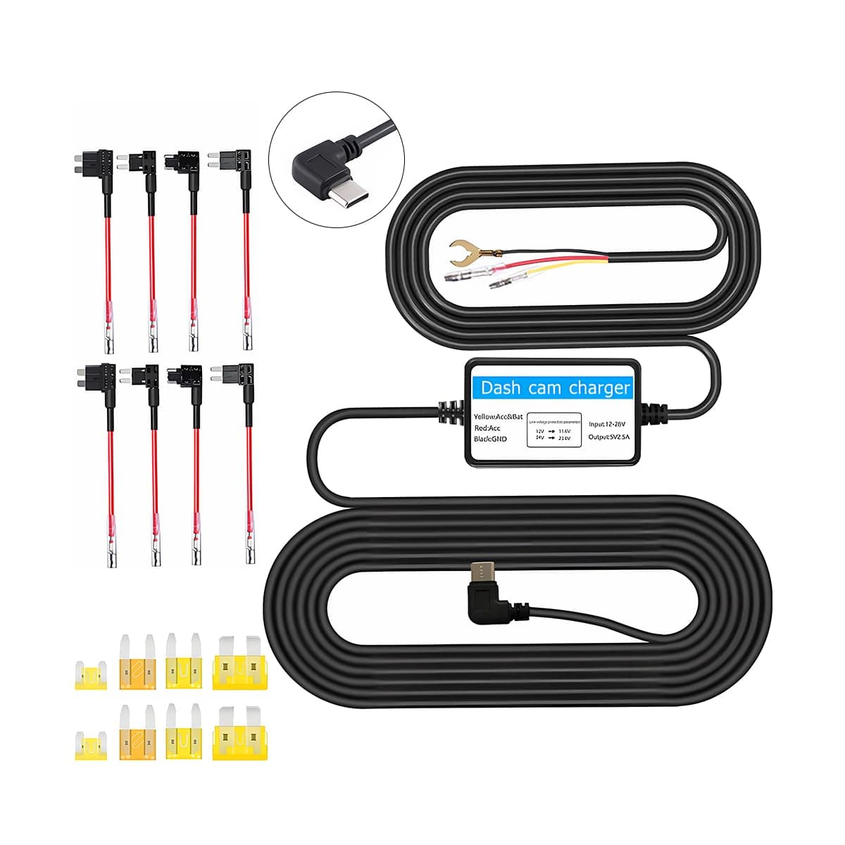 Car Dash Cam Hardwire Kit, Type-C Vehicle Hard Wire Set Fuse for Dashcam, 12V-24V to 5V Auto Camera Charger Power Cord with Low Voltage Protection, Universal for Most Cars