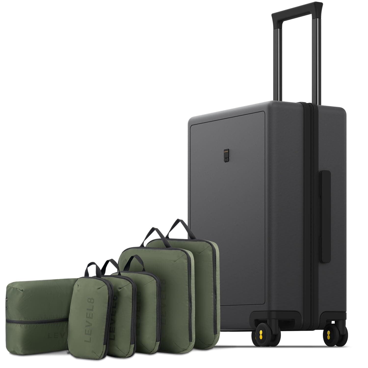 LEVEL8 Carry on Suitcases with 6 Set Packing Cubes, 100% PC Trolley Case Micro-Diamond Textured Design 8 Spinner Wheels Hard Shell, TSA Approved Cabin Luggage (50cm, 40L,Dark Grey)