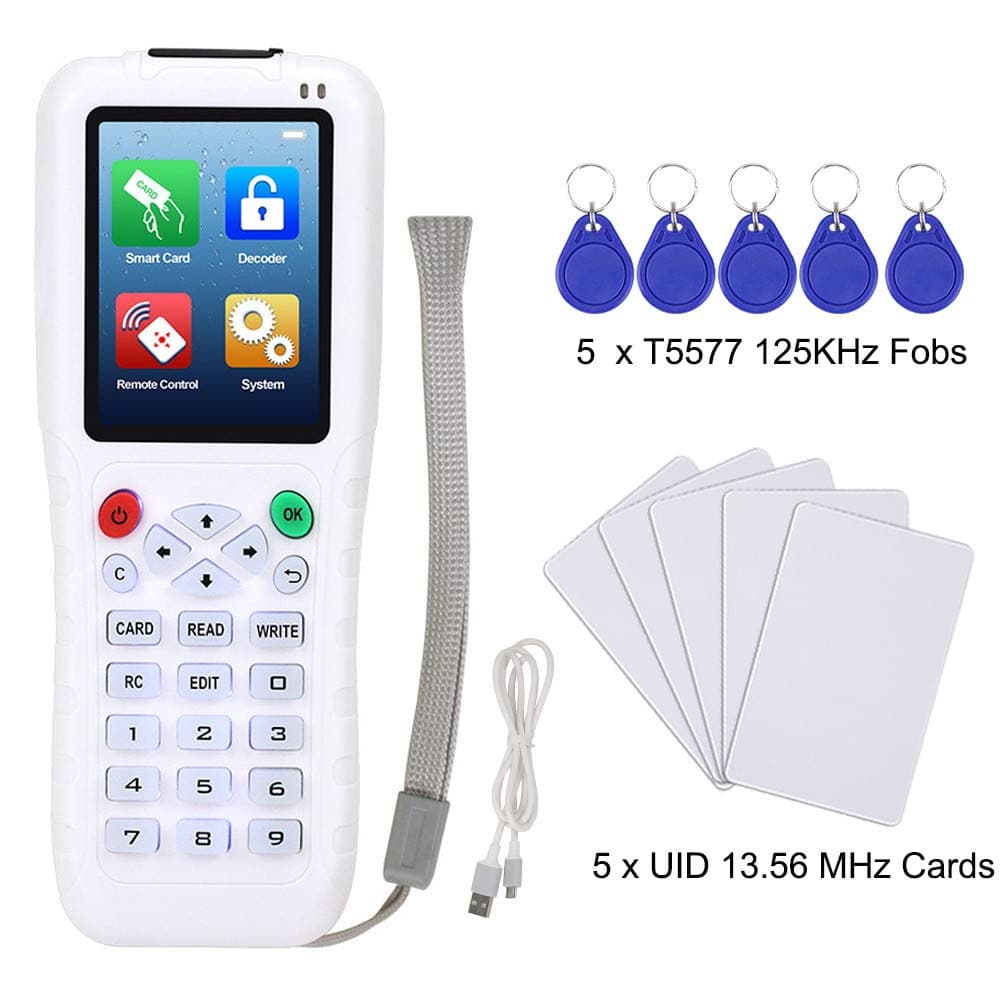 Dongyang Full Decode RFID Copier NFC Card Reader Writer Duplicator Cloner 125KHz 13.56 rfid Key fob Programmer with 10pcs T5577 UID Rewritable Key Cards Support USB(Yellow)