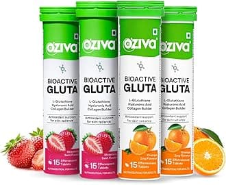 OZiva Bioactive Glutathione Tablets for Radiant Skin - 60 Effervescent Tablets (Pack of 4) | L-Glutathione, Hyaluronic Acid, Lycopene For Skin Glow & Anti-Pigmentation | Strawberry Swirl and Orange
