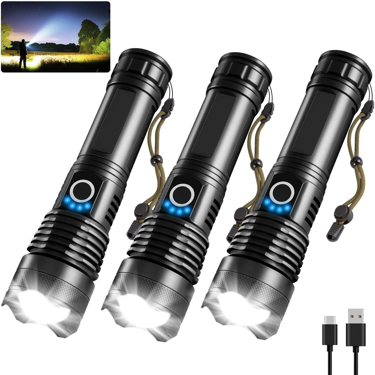 3Pack Rechargeable Flashlights High Lumens, Super Bright Flashlight, 5Modes LED Flashlight Rechargeable, Adjustable Tactical Flashlights High Powered, Flash Lights for Emergency Camping Home