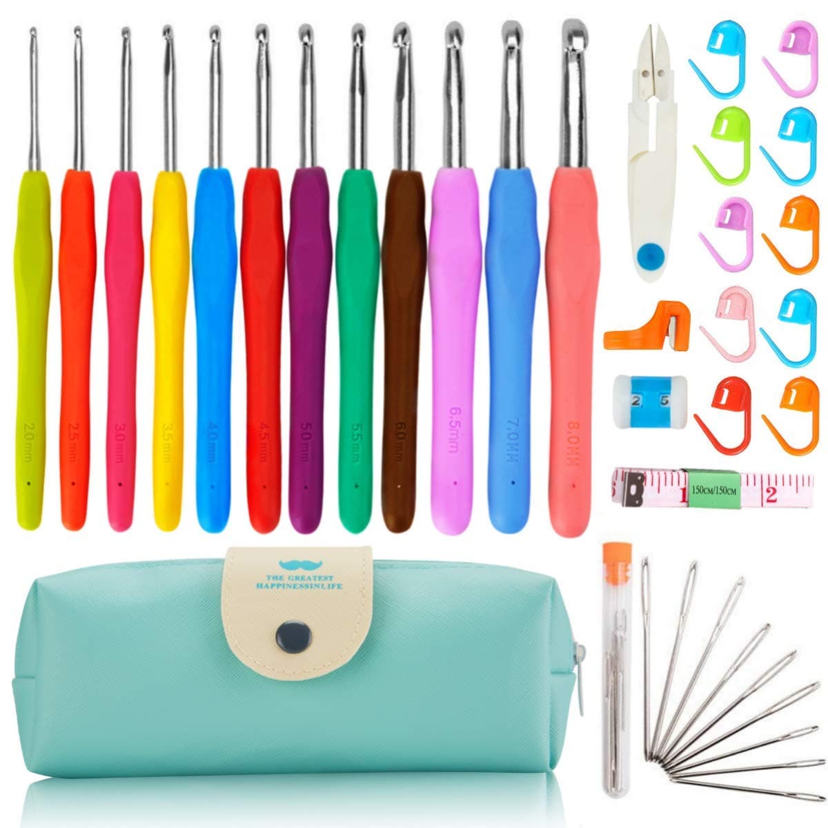 37 PCS Crochet Hooks Set, 2mm(B)-8mm(L) Ergonomic Soft Handle Crochets, Yarn Large Eye Blunt Needles, Stitch Markers Kit with Portable Case - Best Gift for Mom