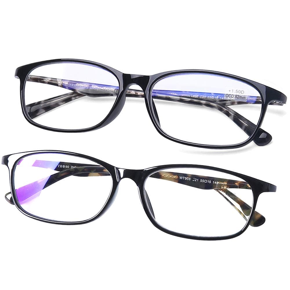 2 Pairs Computer Reading Glasses Blue Light Blocking Italy Design TR90 Pattern Frame Rectangular Readers for Men and Women, +1.0