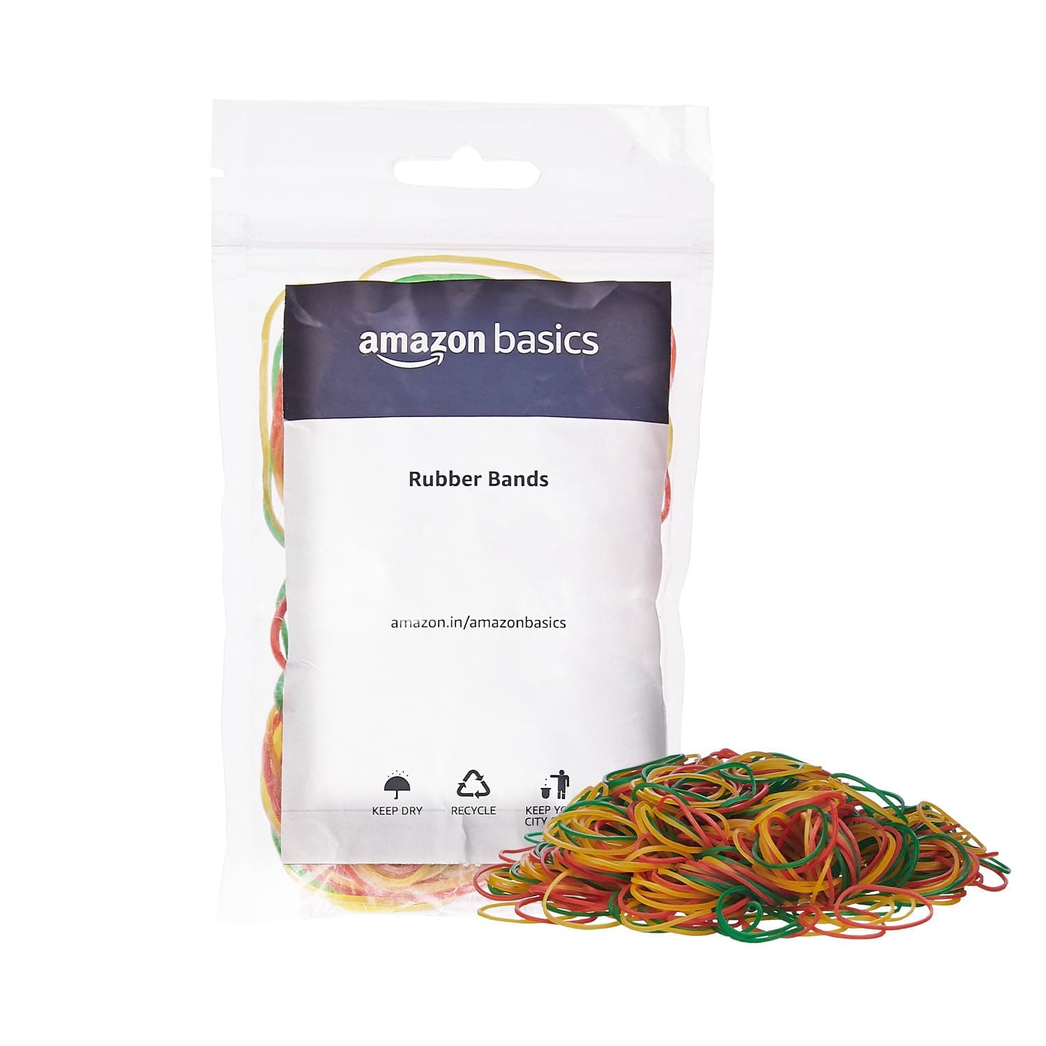 - Amazon Basics Rubber Bands | Enhanced Stretchability and Durability | (2 inch, Pack of 50 gm) (Multicolour)