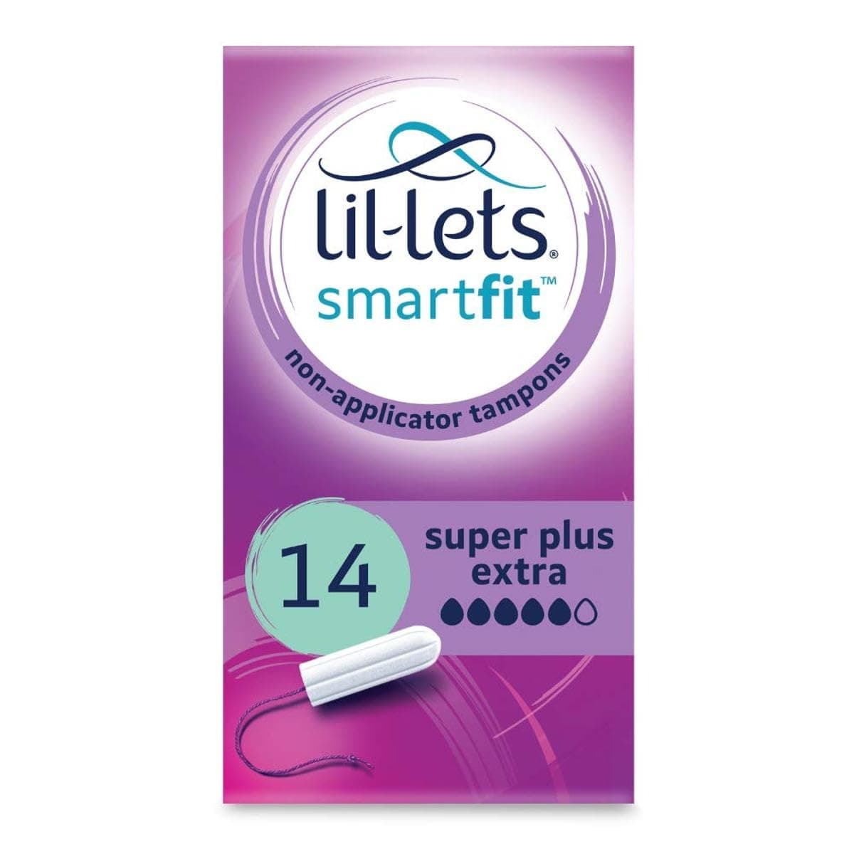Lil-Lets Non-Applicator Super Plus Extra Tampons, 14 Count (Pack of 1), For Very Heavy Flow, 5 Droplets, Plant-Based, SmartFit™ Non-App Tampon