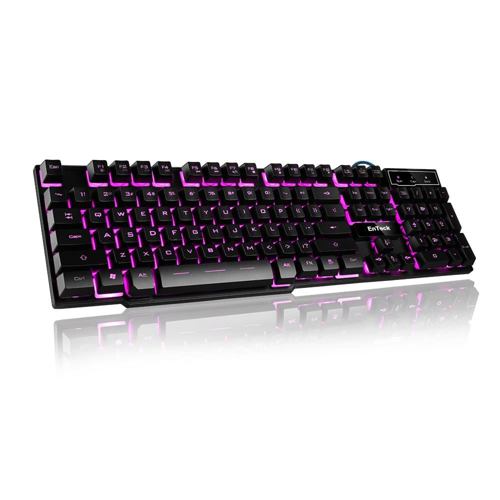 EnTeck LED Backlit Gaming Keyboard for PC, Mechanical Feel USB Wired Keyboard with Three Adjustable Colors
