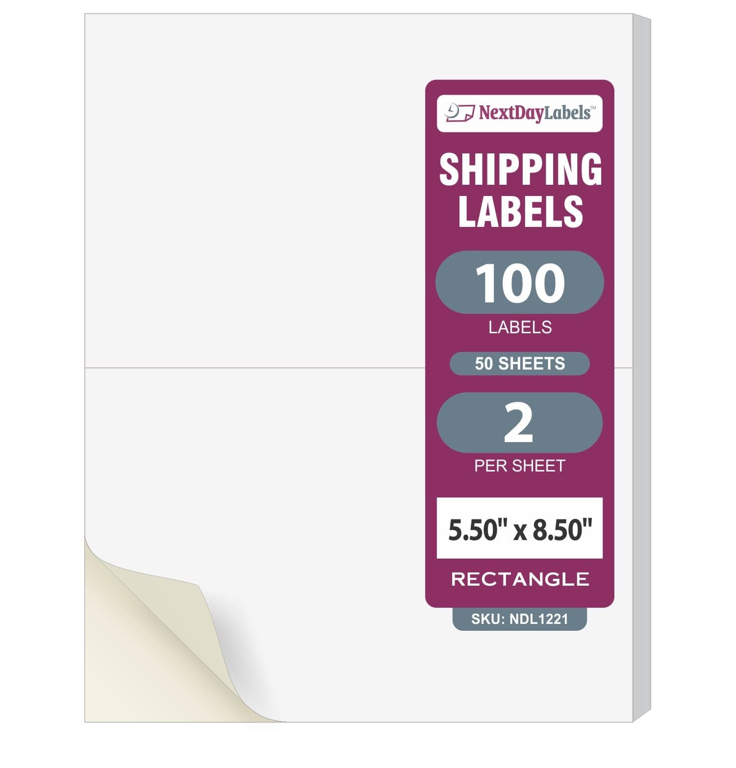 NextDayLabels Half Sheet Shipping Labels 5.5" x 8.5" – Printable Blank Labels for Laser & Inkjet Printers, White Self-Adhesive Stickers, 2 Per Page for Ship, FBA, UPS & FedEx, Made in USA, 50 Pack