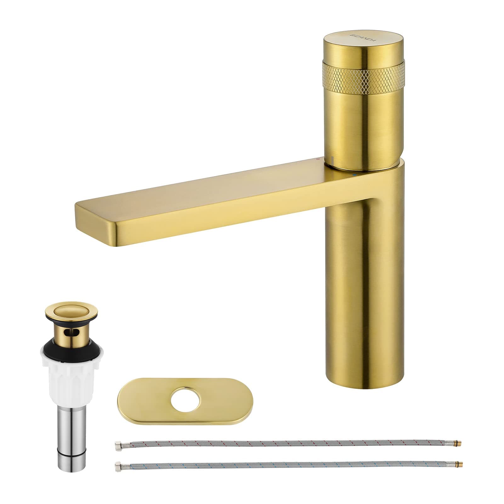 Brass Single Handle Bathroom Faucet with Deck Plate, Pop-up Sink Drain Assembly & Faucet Supply Lines, Brushed Gold, 1416408