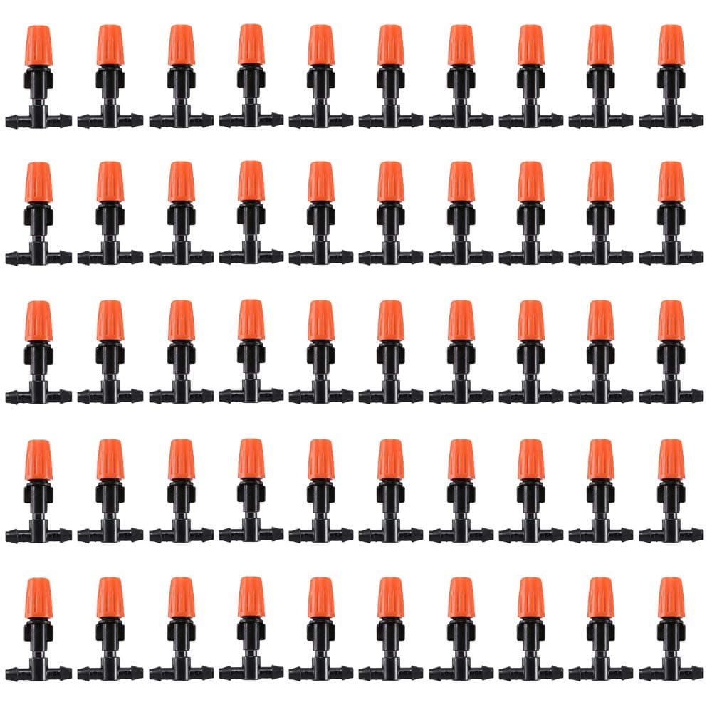 50pcs Adjustable Flow Micro Spray Drippers, 1/4" Garden Irrigation Sprinkler Heads with 3 Tee Connectors for Agricultural Patio Misting System, Drip Watering Kit