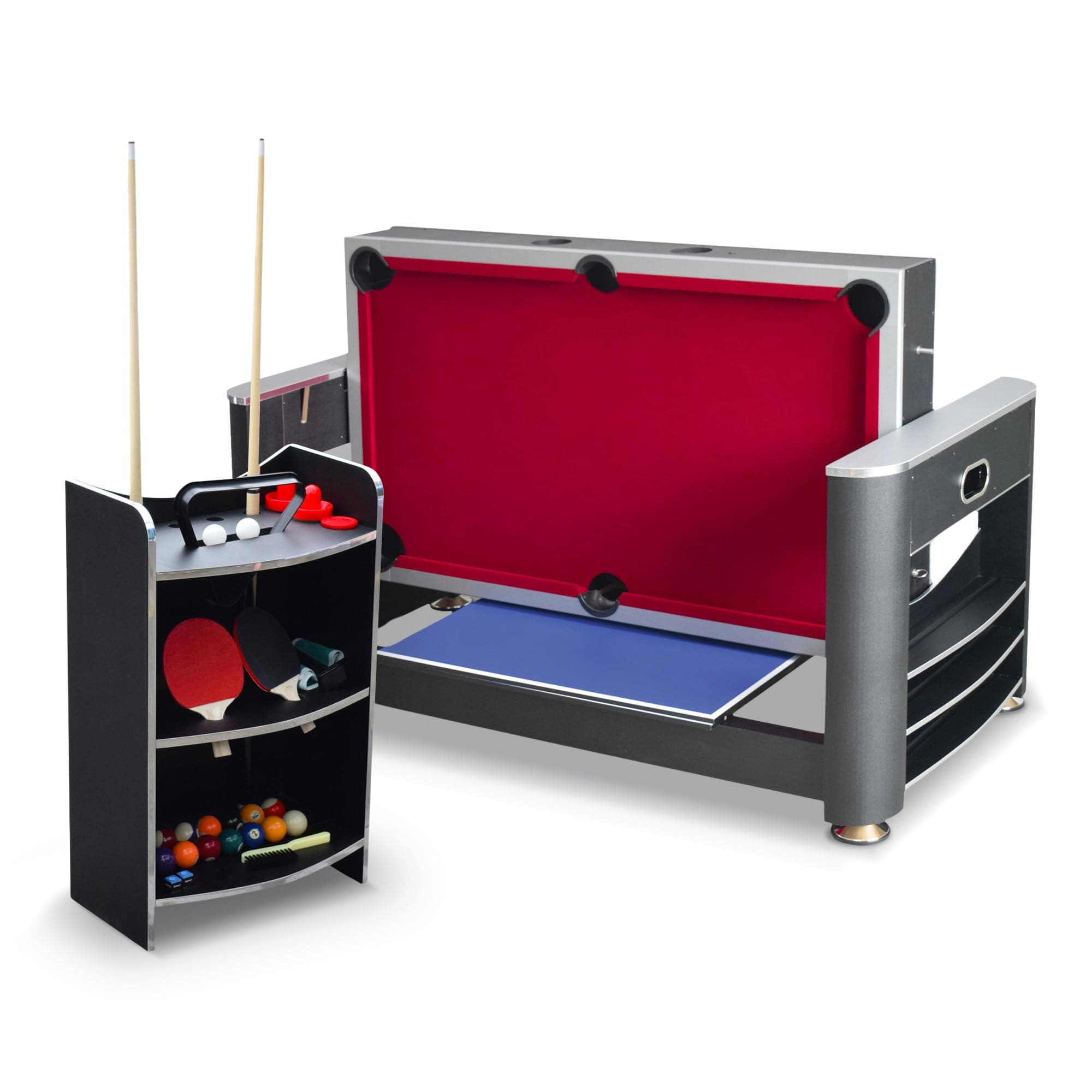 Triple Threat Multi Game Table – Space-Saving Rotating Playfield for 6ft Pool Table, Air Hockey Table, & Table Tennis - 3 in 1 Game Table with Complete Accessories & Display Rack