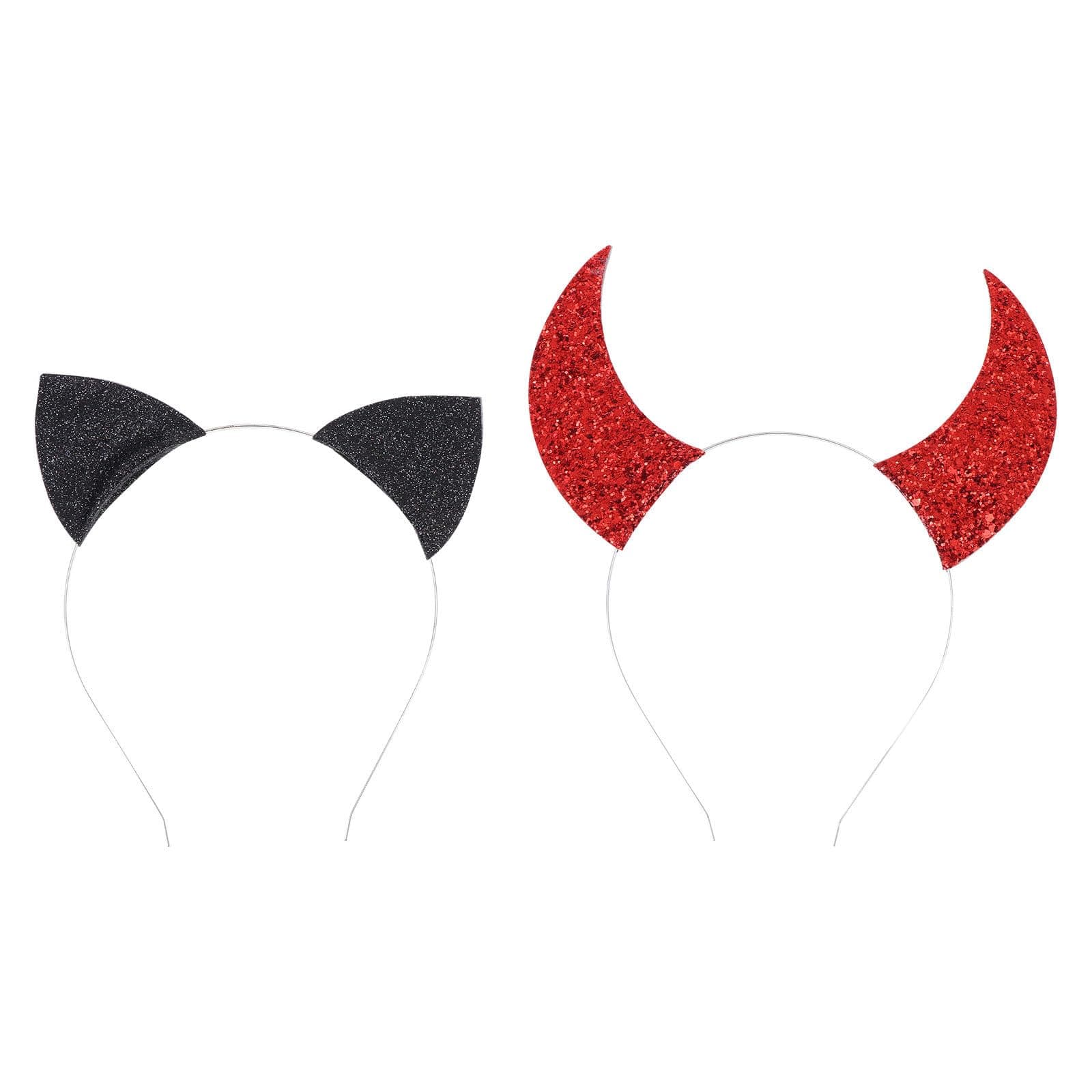 FRCOLOR Glitter Devil Horns Headband Cat Ears Headband Devil Headpiece Cosplay Head Accessories Halloween Fancy Dress Costume Set for Girls Women, 2PCS (Red, Black)