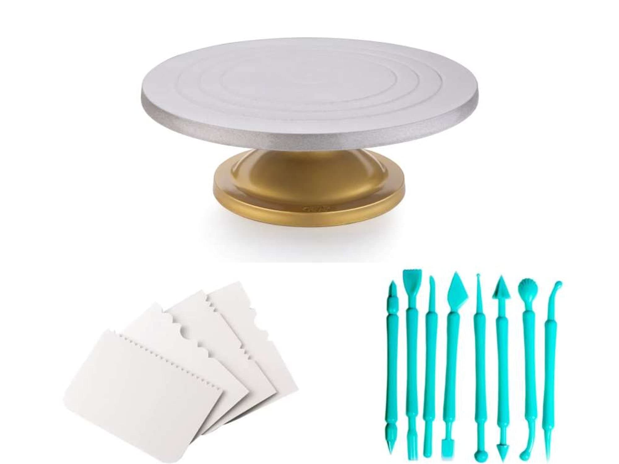 TEX-RO Cake Decorating Items Combo Pack, Cake Baking Set with Signature Edition 360° Smooth Rotating Cake Stand, Cake Scraper and Fondant Tools for Baking