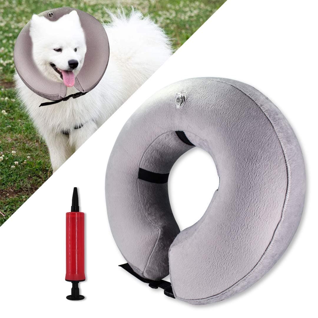 Spardar Protective Inflatable Dog Collar Soft Pet Recovery E-Collar Cone for Small Medium Large Dogs Cats Prevent Pets From Touching Stitches with inflator tool (S)