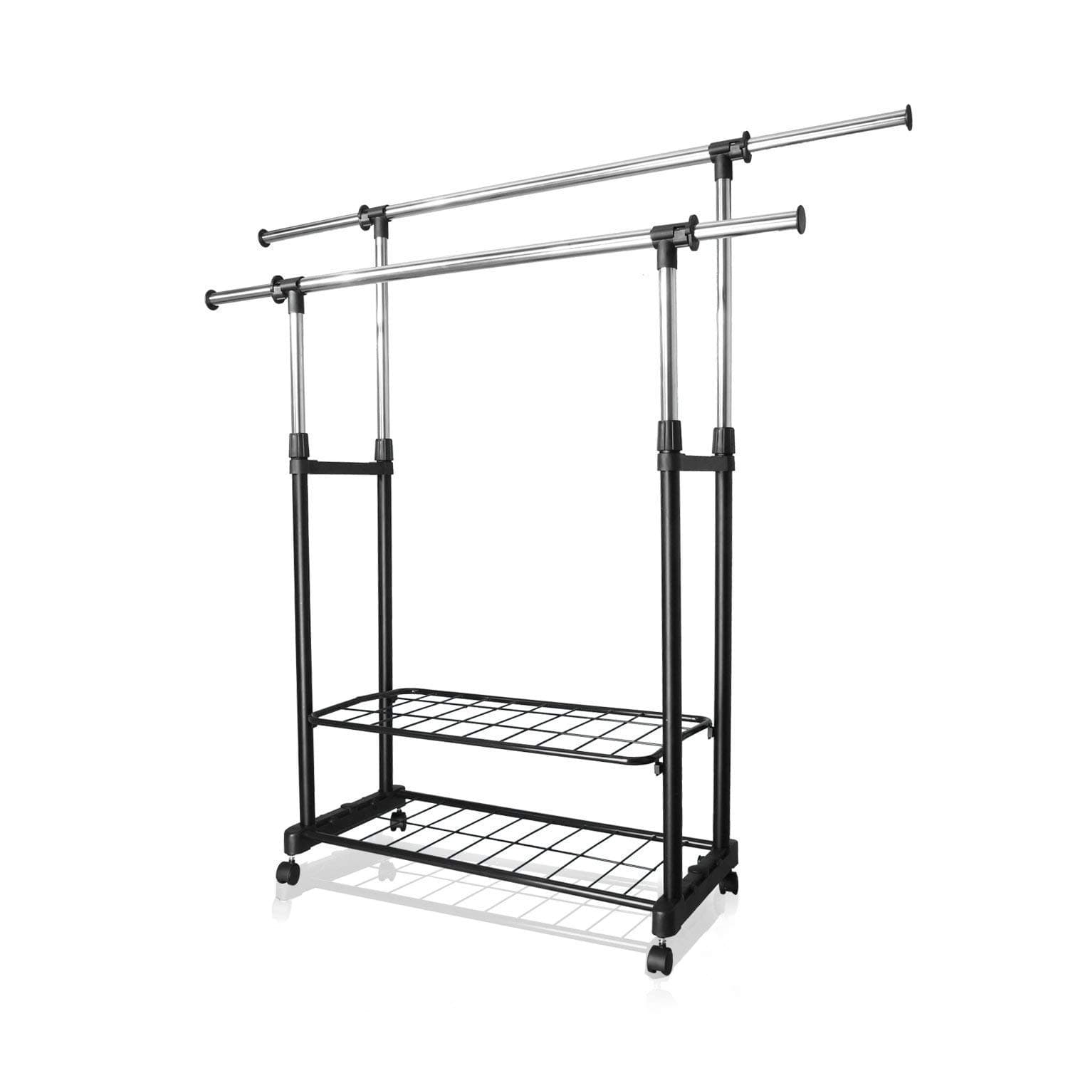 PowCube Garment Rack,Adjustable Garment Rolling Collapsible Clothing Rack,Double Rods,2 Shelves,with 4 Wheels,Black