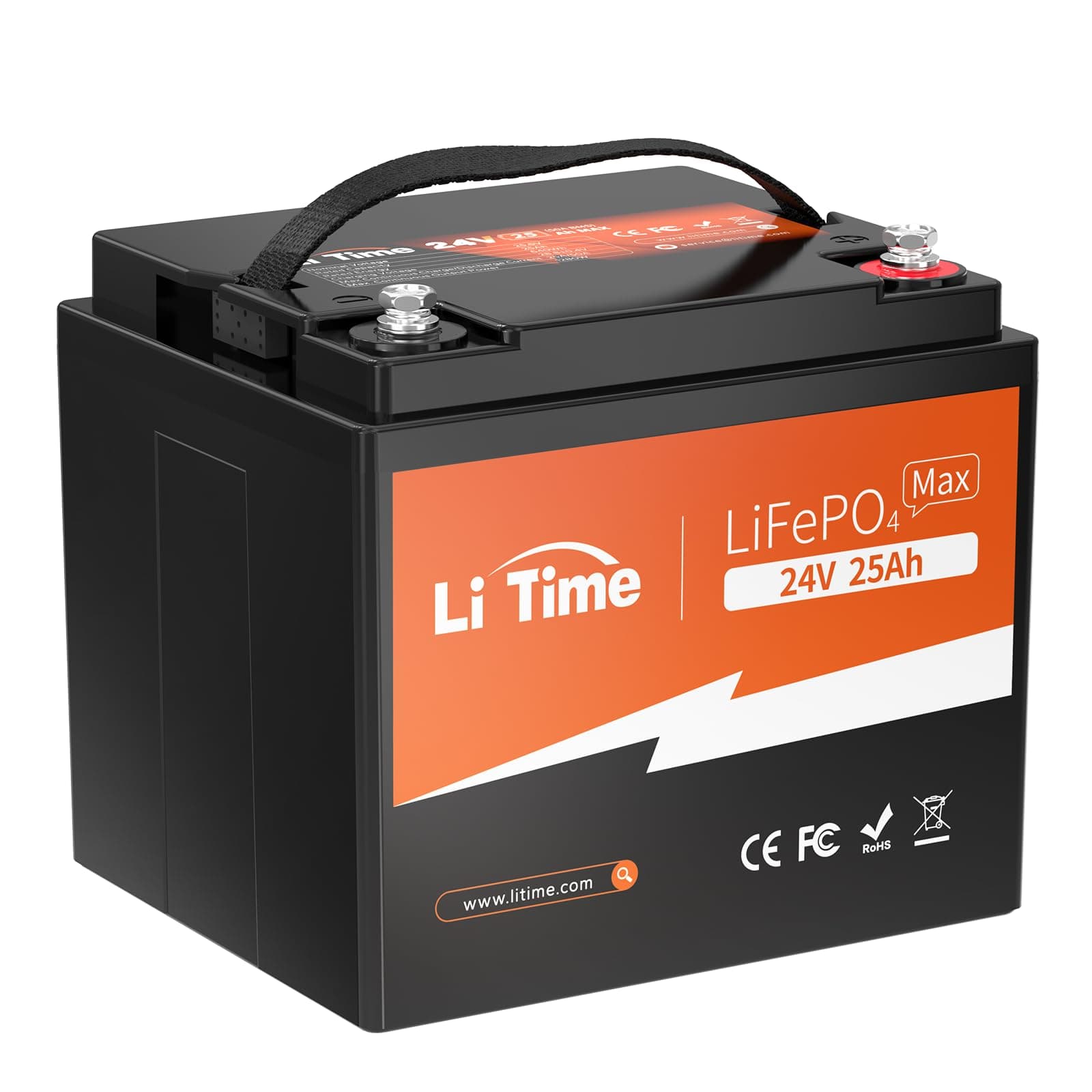 LiTime 24 V 25 Ah Lithium Iron Phosphate Battery, 2C High Rate Discharge, 1280W Load Power, 50A Continuous Discharge Current, 640Wh Power, Multiple Protection by BMS, Small, Lightweight, LiFePO4