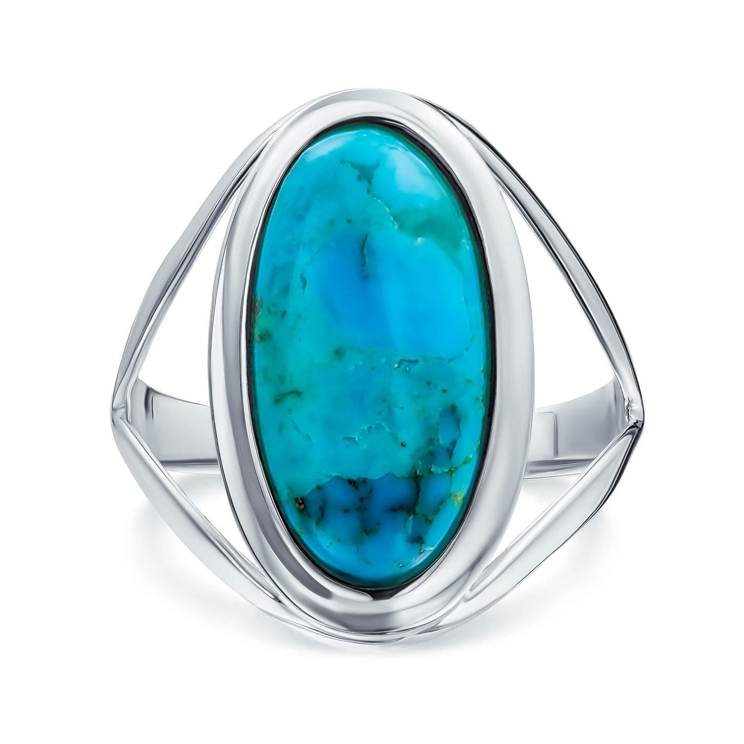 Simple Southwest Boho Style Large Dome Oval Cabochon Gemstone Bezel Set Blue Turquoise Western Statement Ring For Women Split Band .925 Sterling Silver