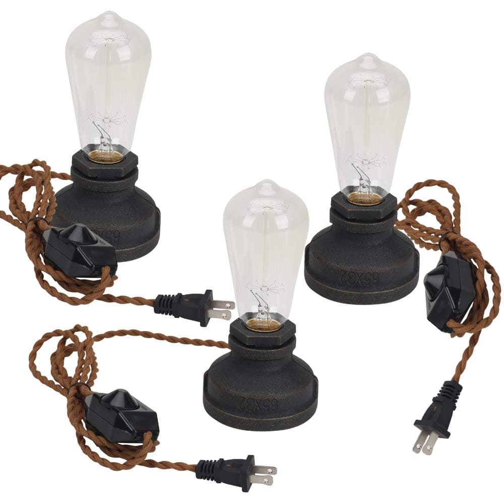 Kiven Steampunk Table Lamp UL Brown Weave Rope Dimmer Switch Cord Vintage Style Desk Light E26 Iron Base Modern Antique Table Light Present Bulbs Not Included 3-Pack