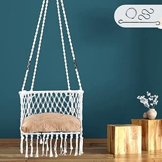 Swing/ Swing for Balcony/ Swing for Adults/ Swing Chair for Adults for Home/ Hammock Swing for Adults/ Swing for Living Room/ Swing for Outdoor Premium C Shape Swing Chair with Golden Cushion (White)