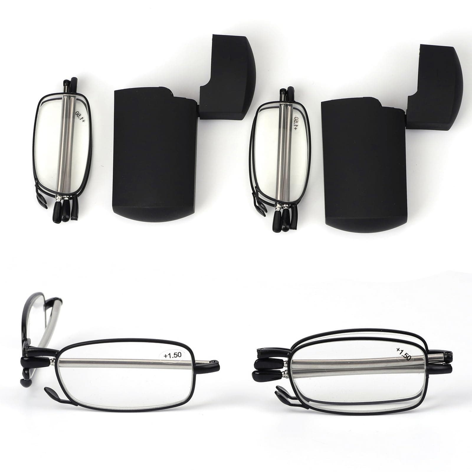 Reading Glasses 2 Pair Reader Compact Folding Magnify Glasses Black and Gunmetal