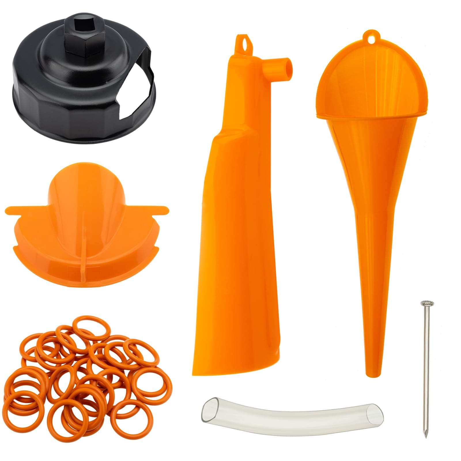 Oil Change Kit Compatible with Harley, Filter Cap Wrench, Crankcase Fill Tool, Primary Case Oil Funnel, Drip-Free Oil Filter Tool, 30Pcs Drain Plug O-Rings
