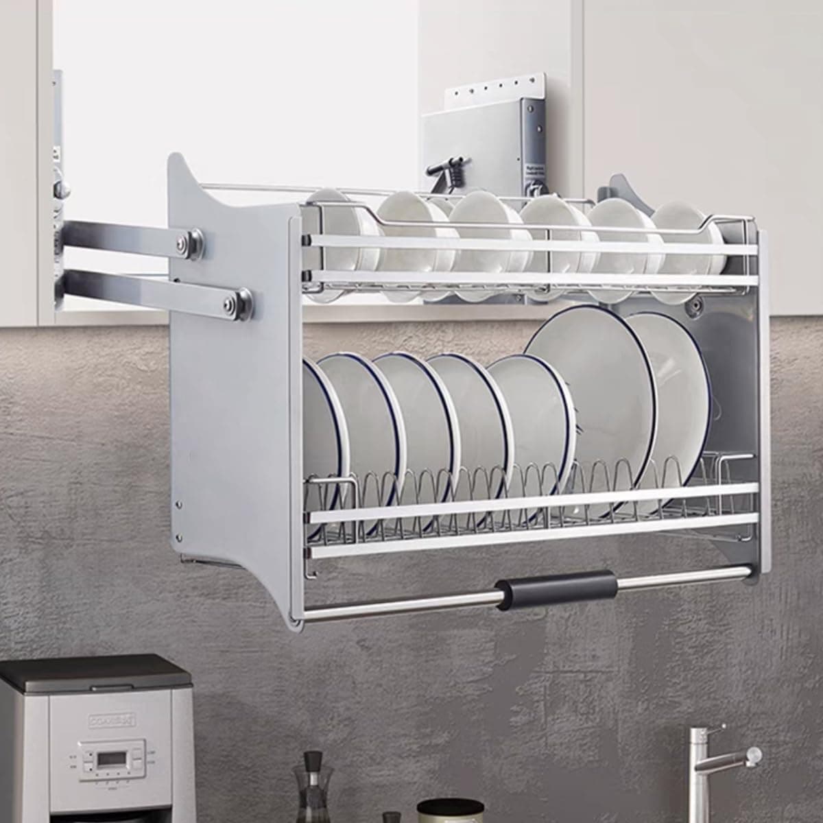 Gdrasuya10 Pull Down Shelf Organizer for Kitchen Cabinet, Pull Down Dish Drying Rack 2 Tier Pull Down Cabinet Organizer Storage Shelf Inner Space Saving Spice Rack for Wall Kitchen Cabinet