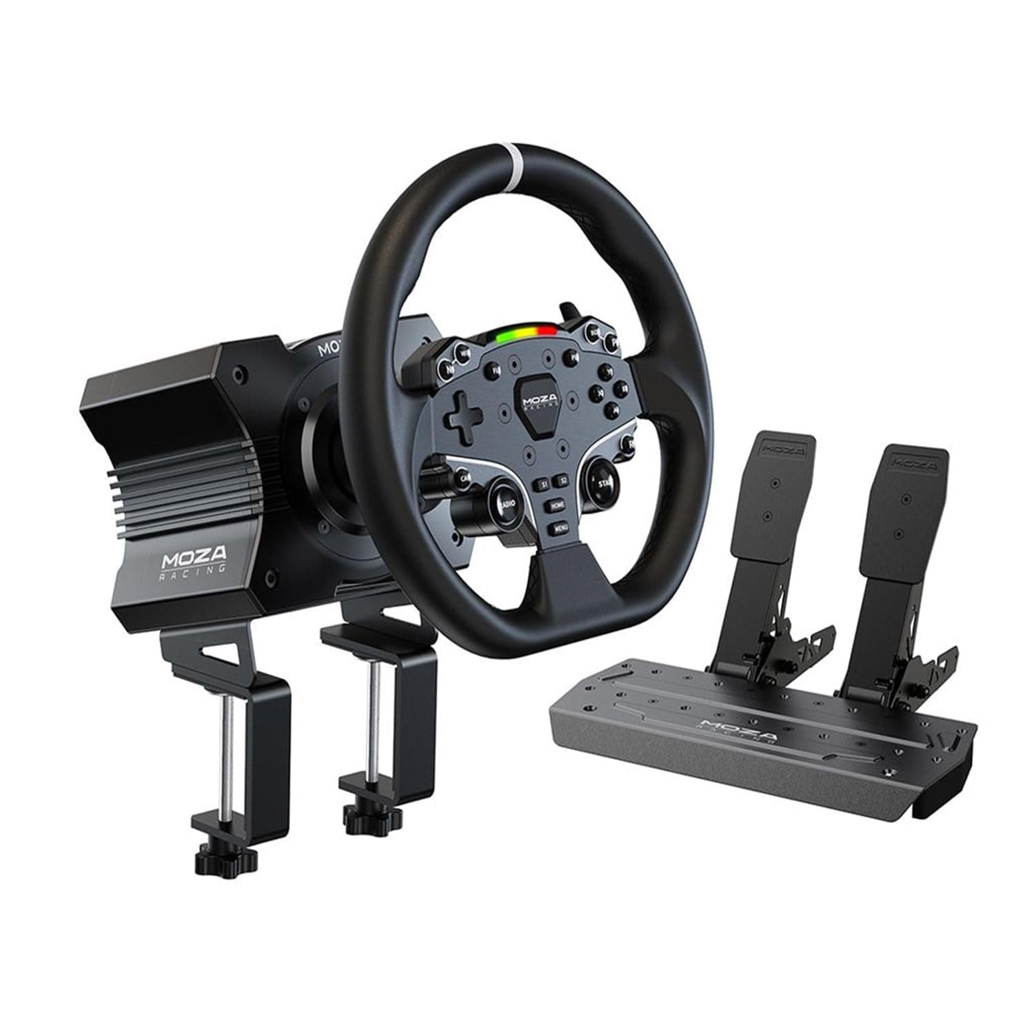 MOZA R5 All-in-One PC Gaming Racing Simulator: 5.5Nm Direct Drive Wheel Base, 11-inch Racing Wheel, Anti-Slip Pedals and a Desk Clamp, Cloud-based App Control
