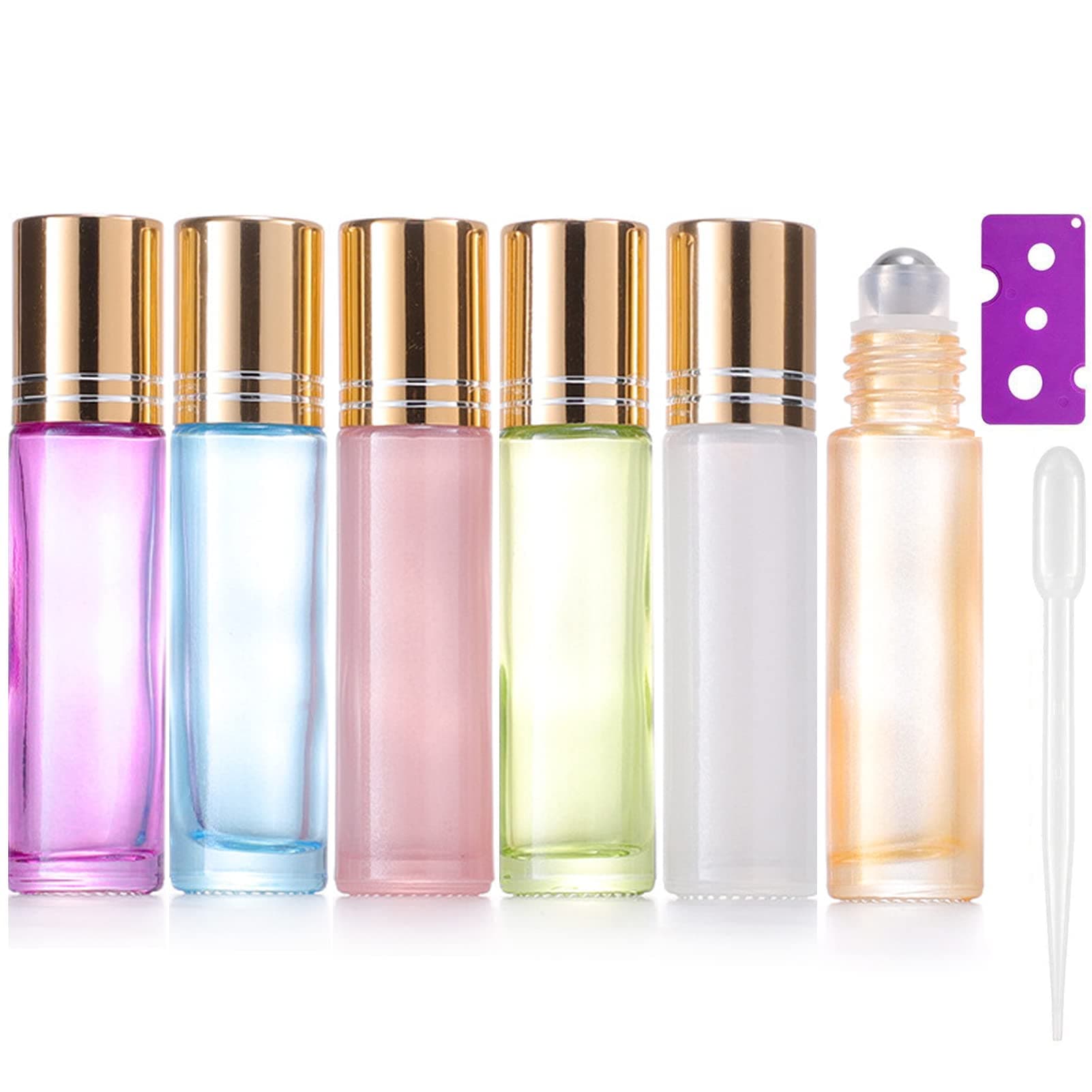6Pcs, 10ml Essential Oil Roller Bottles, glass roller bottles for essential oils with Stainless Steel Roller Balls & Gold Lids & Bottle Opener, Perfect for Aromatherapy, Essential Oils, Fragrance