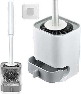 Toilet Brush with Holder Stand, Bathroom Silicon Toilets Bowl Cleaning Brush with Non-Slip Long Handle Floor Standing Holder & Wall Mounted Without Drilling Quick Drying Holder Set