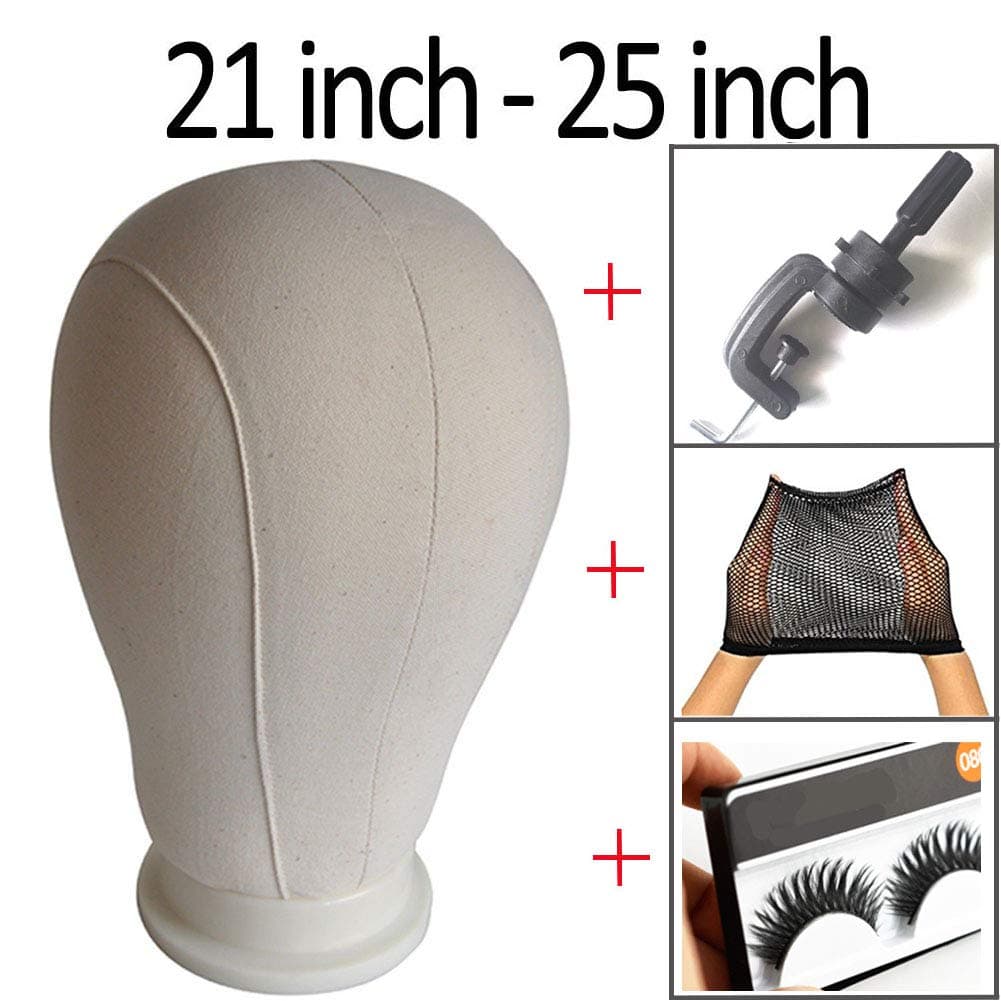 23" Wig Head Canvas Block Head With Table Clamp Stand Canvas Mannequin Block Head Wig Display with Mount Hole For Wig Diaplay,Making,Styling Hat Display (23" + Clamp Stand+ Wig Cap+ Eyelash)