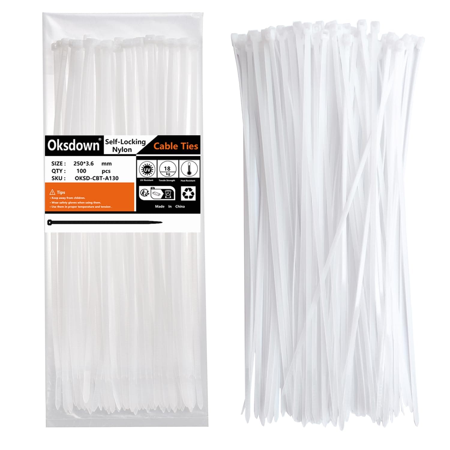 100 Pack White Cable Ties 250mm×3.6mm Strong Nylon Plastic Self Locking 10 inch/25 cm 1000 pcs Clear Long Zip Tie Wraps