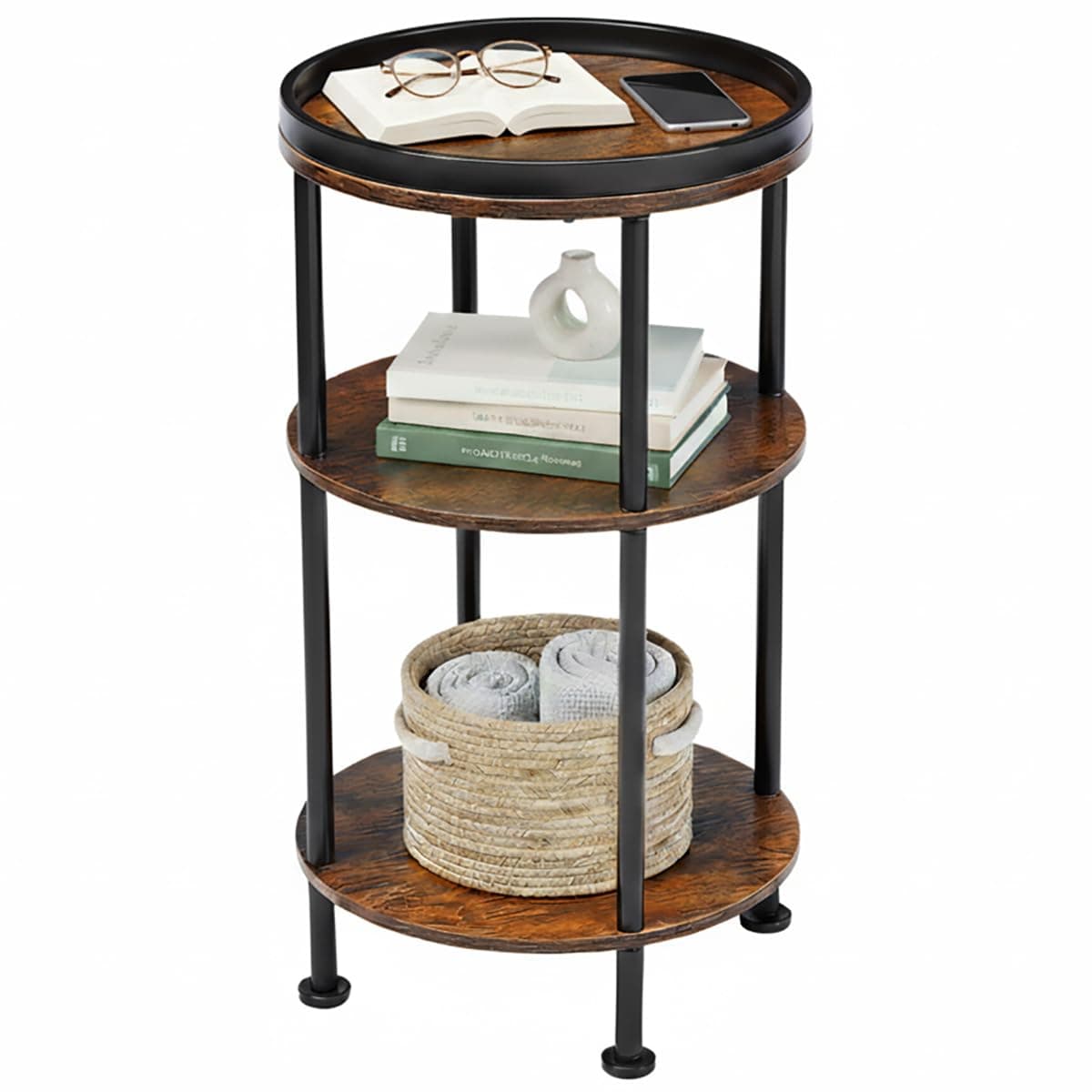 Small Round End Table for Narrow and Small Space, 3-Tier Round Accent Couch Beside Table, Modern Side Table Corner Sofa Table Vintage Nightstand for Living Room Bedroom,Easy Assembly