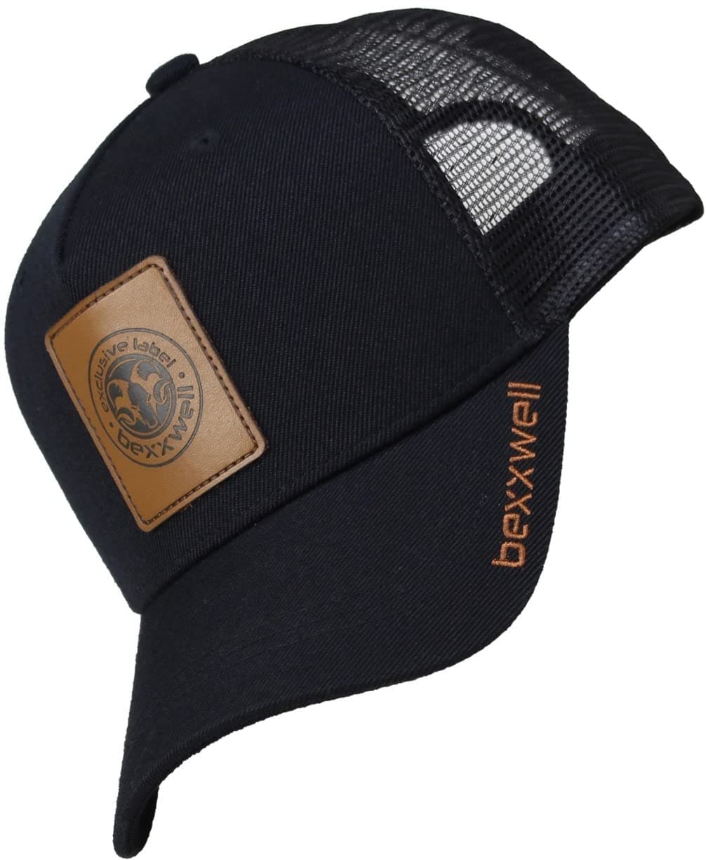 BexxwellTrucker Cap Black with Leather Patch (Optimal Fit, Cap, Black, Trucker Cap, Logo, Cap, Unisex), black, One Size