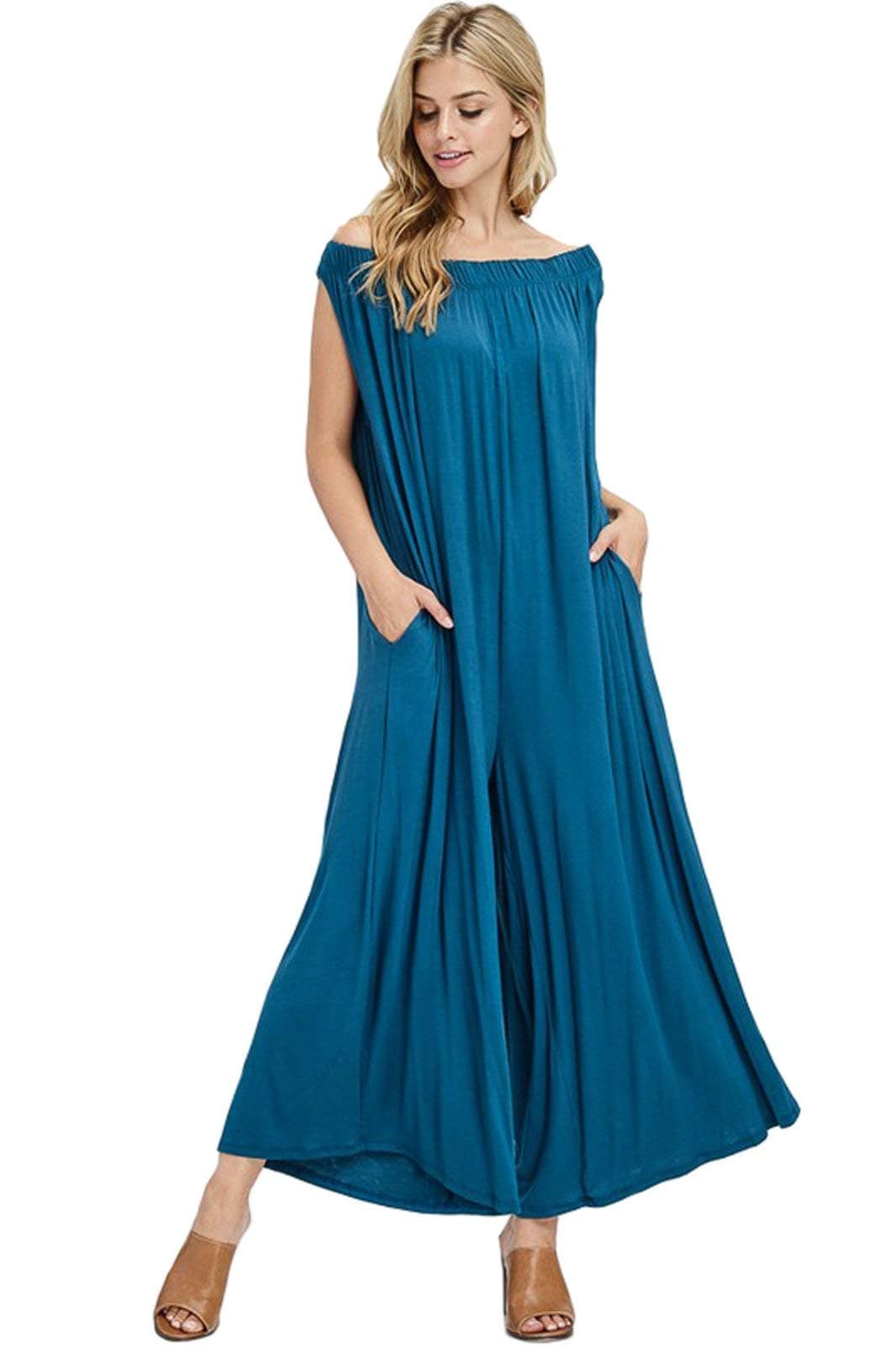 iconic luxe Women's Oversized Off-Shoulder Jumpsuit with Pockets Large Teal