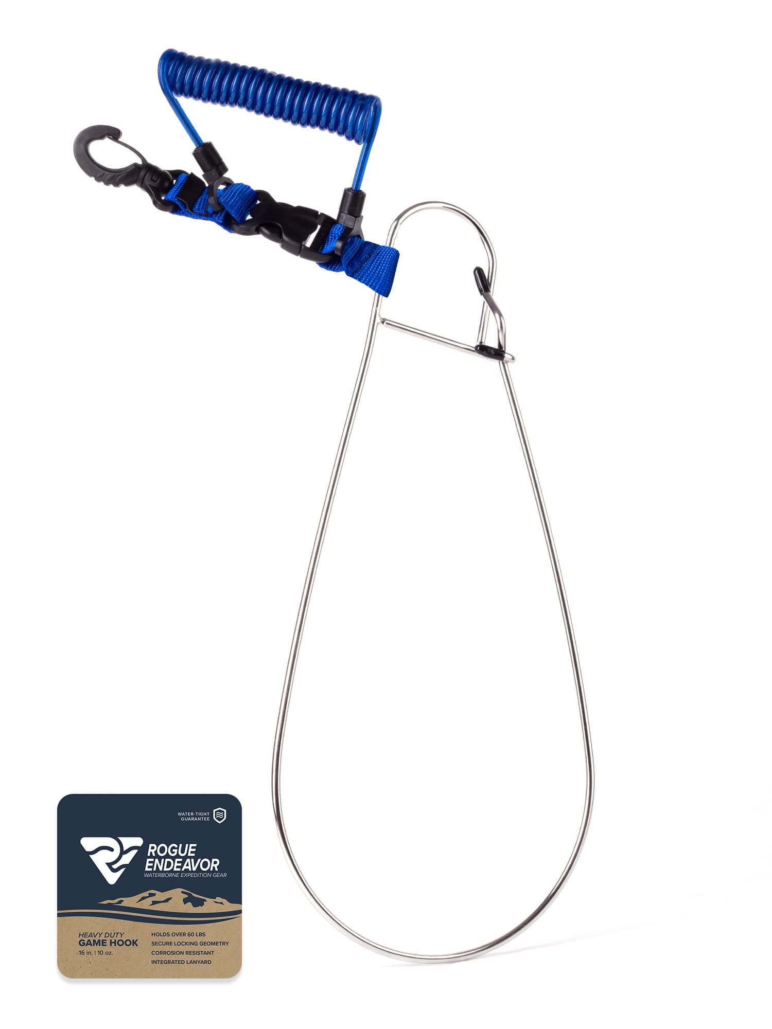 Rogue Endeavor® Fish Stringer Clip, Large, Stainless Construction, Quick Release 36” Steel Core Lanyard, Designed for Spearfishing, Kayak Fishing & Scuba Diving and All Fish Types