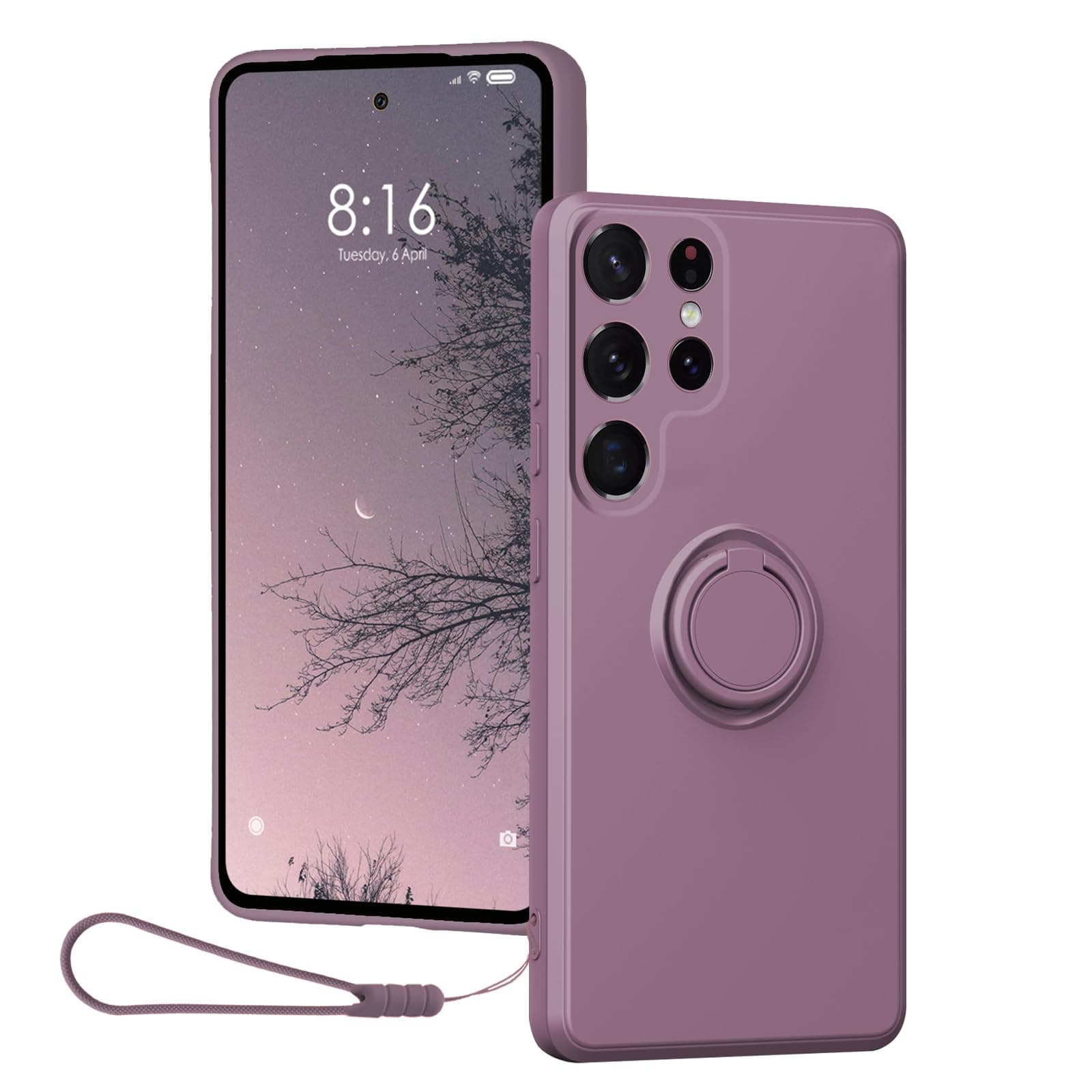 CAIOUS Case for Samsung Galaxy S24 Ultra(2024 Released), Silicone Case with Ring 360°rotatable Kickstand Support Magnetic Car Mount,Protective Cover with Strap Lanyard (Purple)