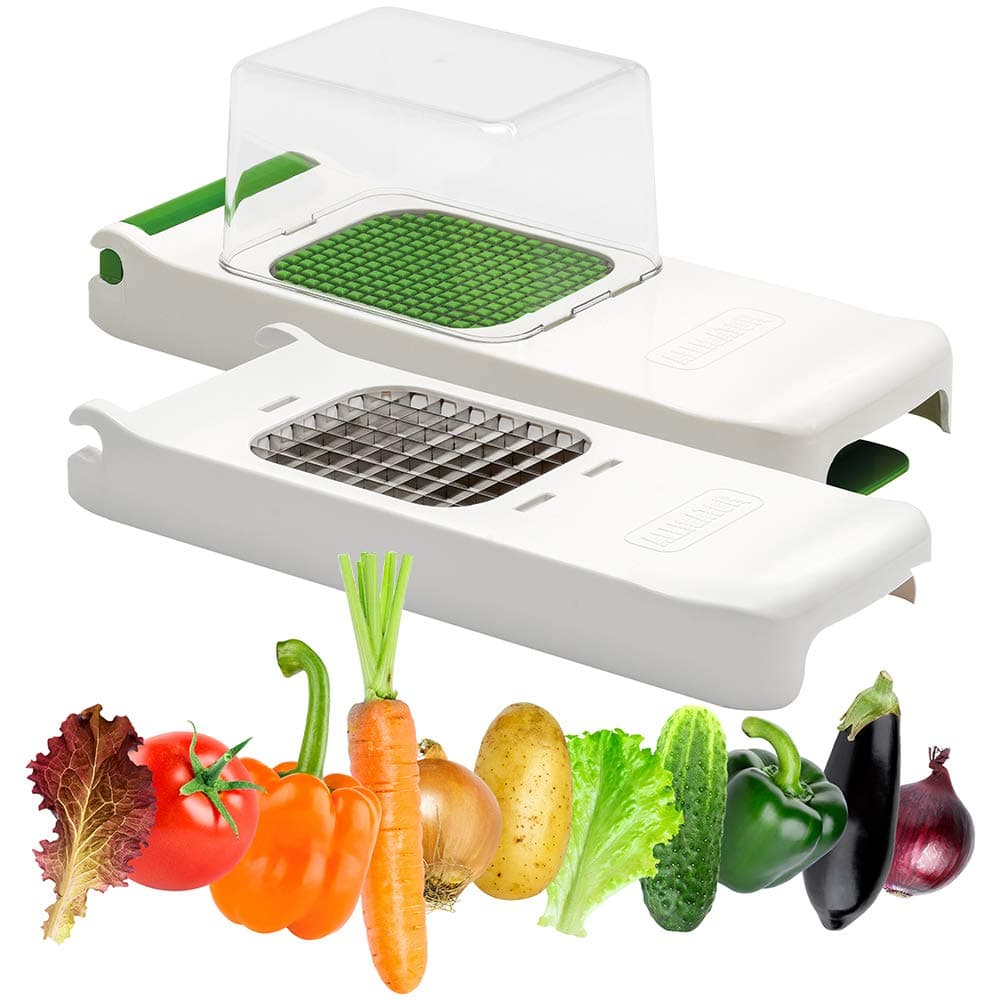 Alligator Chopper Set 2 pcs. Vegetable Cutter, Onion Dicer, Fruit Chopper, 6x6 and 12x12 mm Sharp Stainless Steel Blades, White & Green