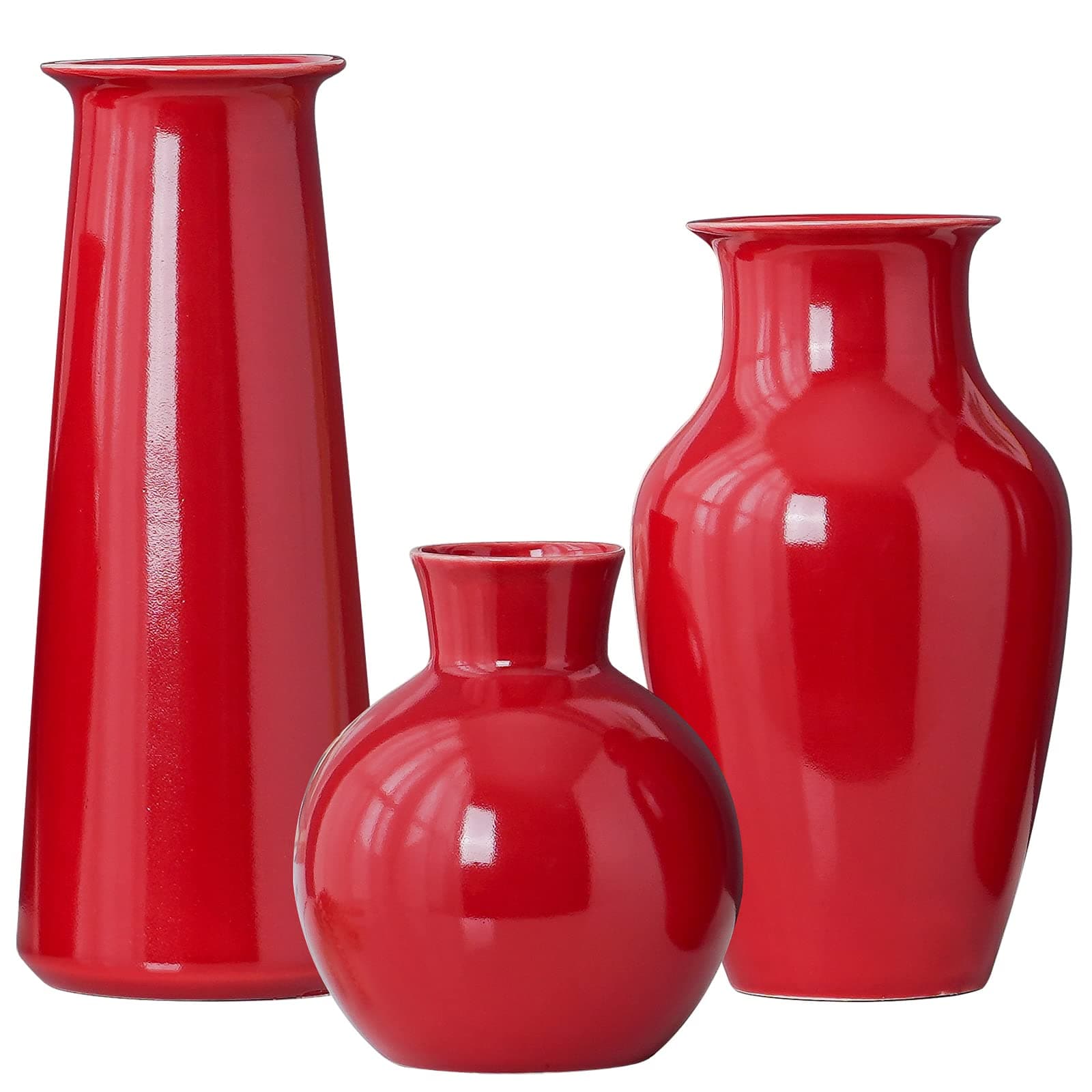 Red Ceramic Vase for Home Decor Bud Vase Set of 3 Decorative Vases for Living Room Kitchen Modern Farmhouse Rustic Clay Tall Coffee Table Flower Vases for Dining Room