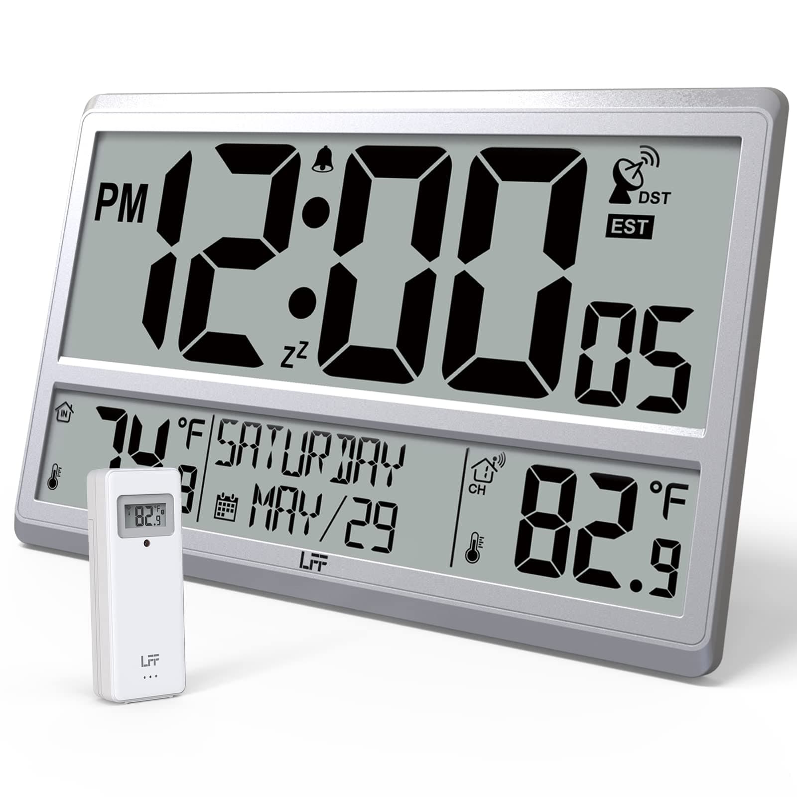 LFF Atomic Clock 4.5" Numbers, Digital Atomic Wall Clock Never Needs Setting, Battery Operated, with Indoor & Outdoor Temperature, Date, Time, Wireless Outdoor Sensor, Jumbo Display Easy to Read