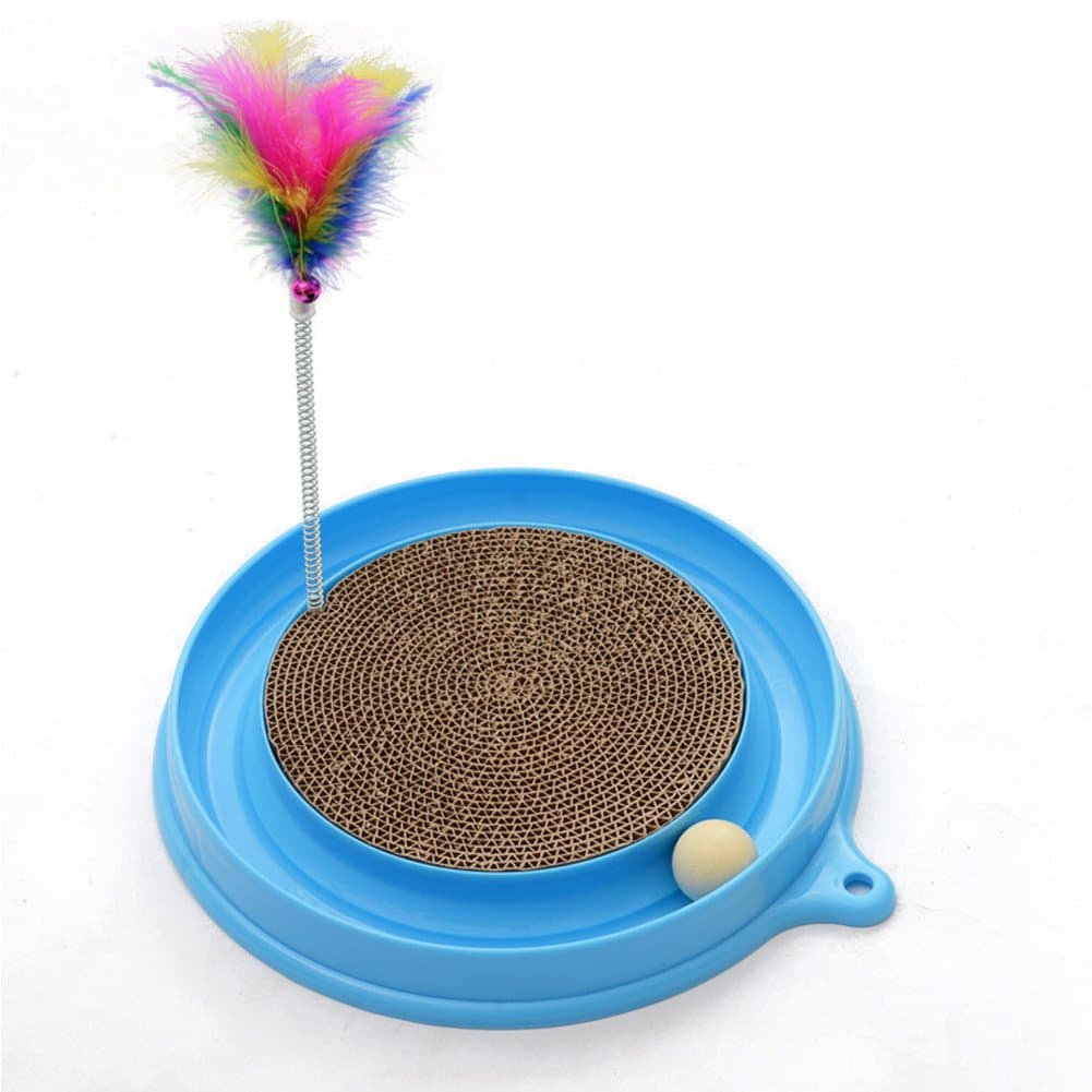 Pethouzz Circular Plastic Corrugated Paper Playing Board Cat Scratch Board with Feather and Track Cat Puzzle Pet Toy (Blue)