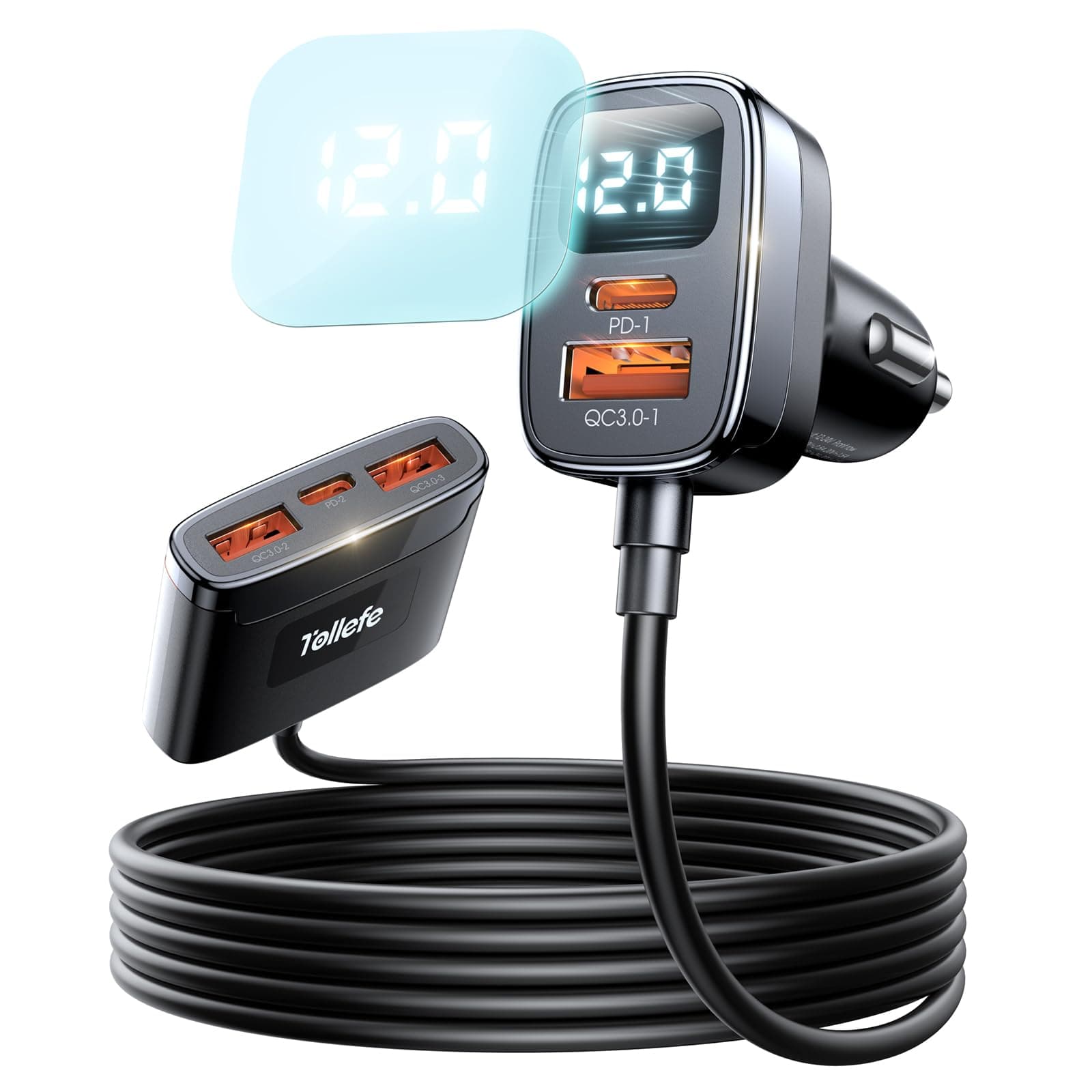 78W USB C Car Charger Multi Port, LED Voltage Display Cigarette Lighter Adapter with 5FT Cable, 5 Port Fast Car Charging for iPhone 16 15 Pro Max/iPad/Samsung S24