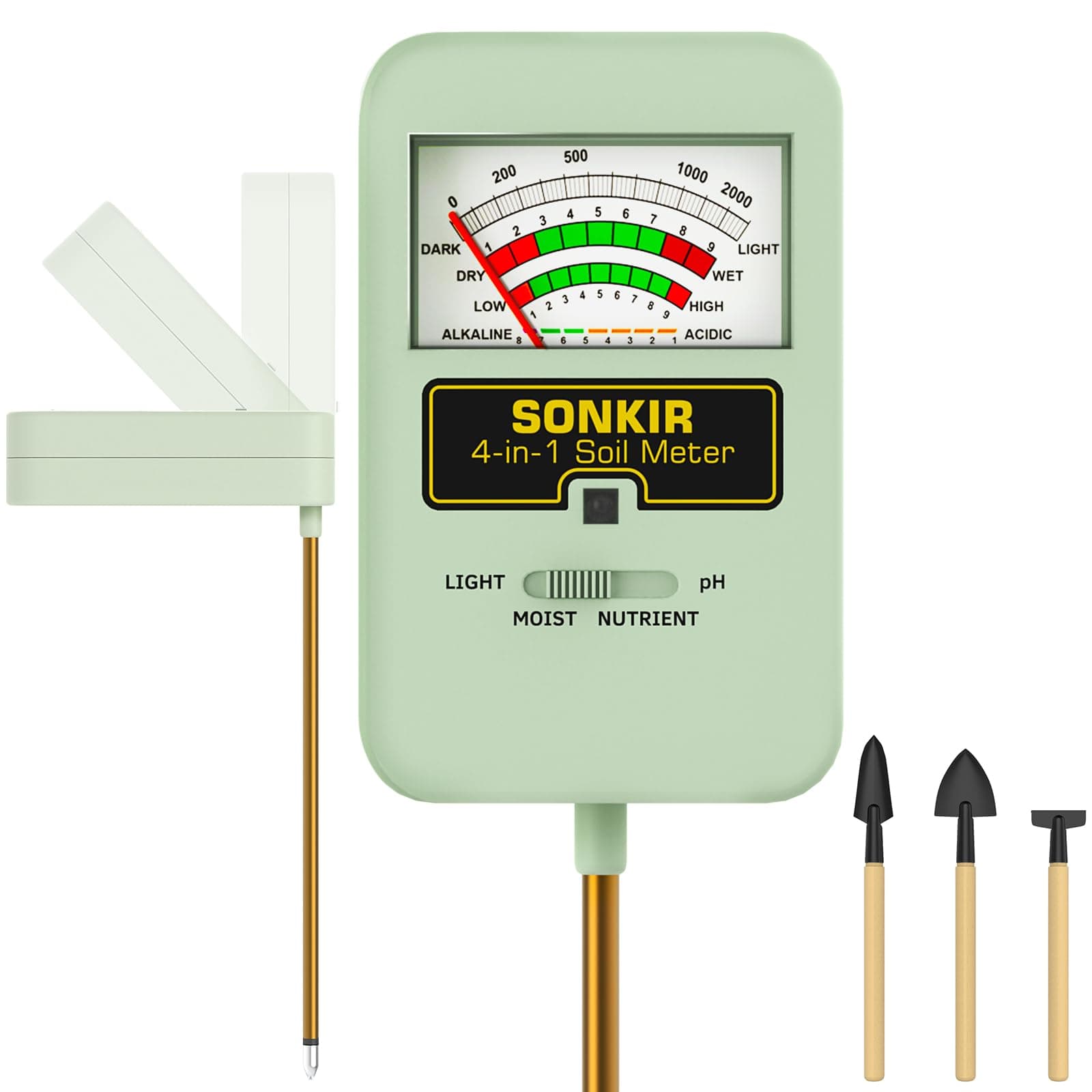 Sonkir Soil Moisture Meter, 4-in-1 Soil Ph Meter, Soil Tester for Nutrients, Moisture, PH and Light, Soil Ph Test Kits for Plant, Great for Garden, Indoor & Outdoor Use (No Battery Required), Green